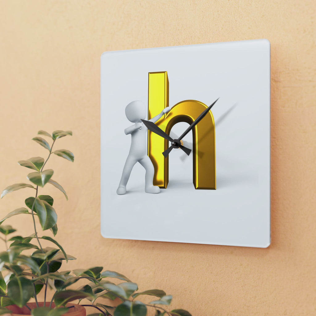 3D Person Pushing Gold Letter h Acrylic Wall Clock | Modern Lettering Decor