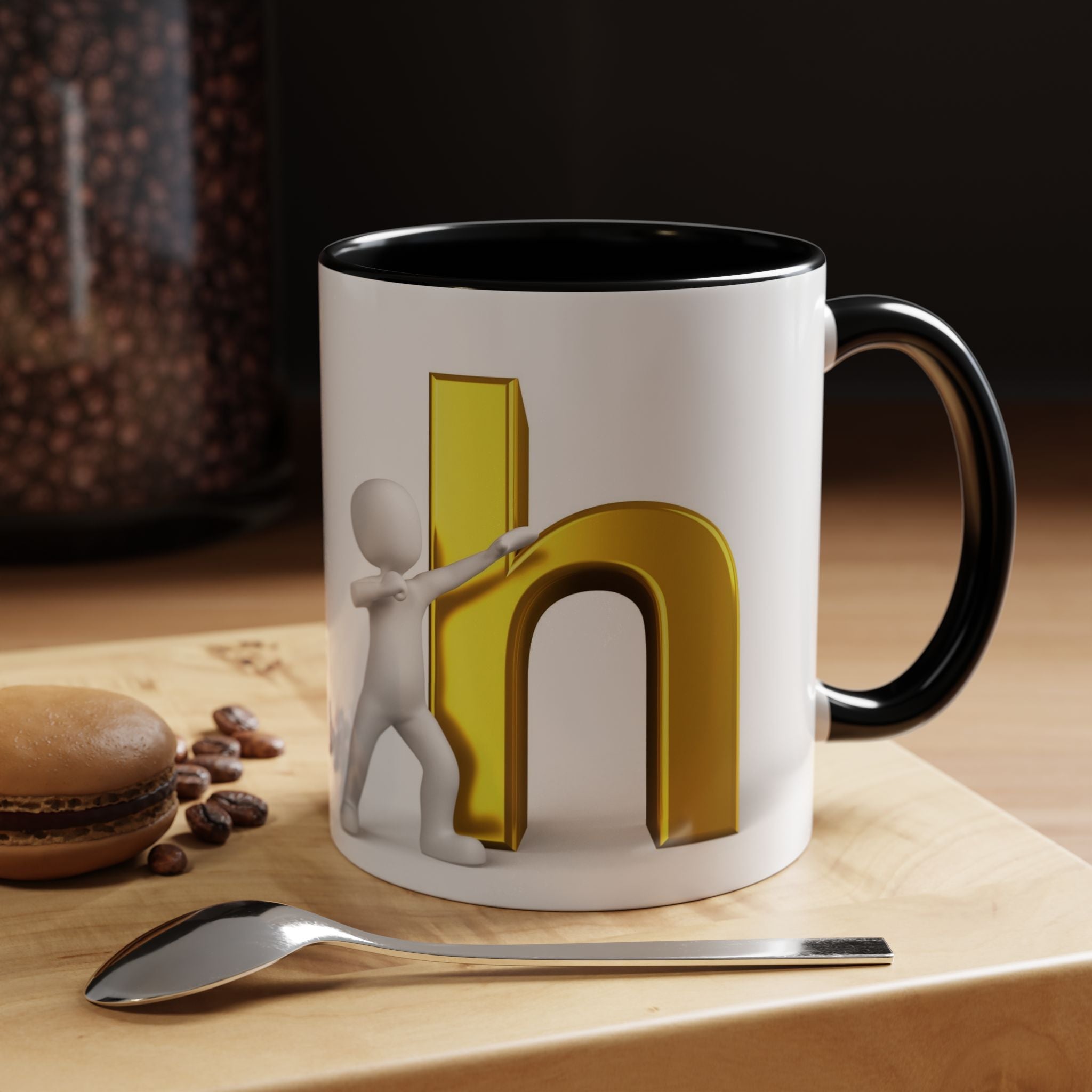 3D Stick Figure Pushing Gold Letter h Mug | Accent Coffee Mug 11/15oz