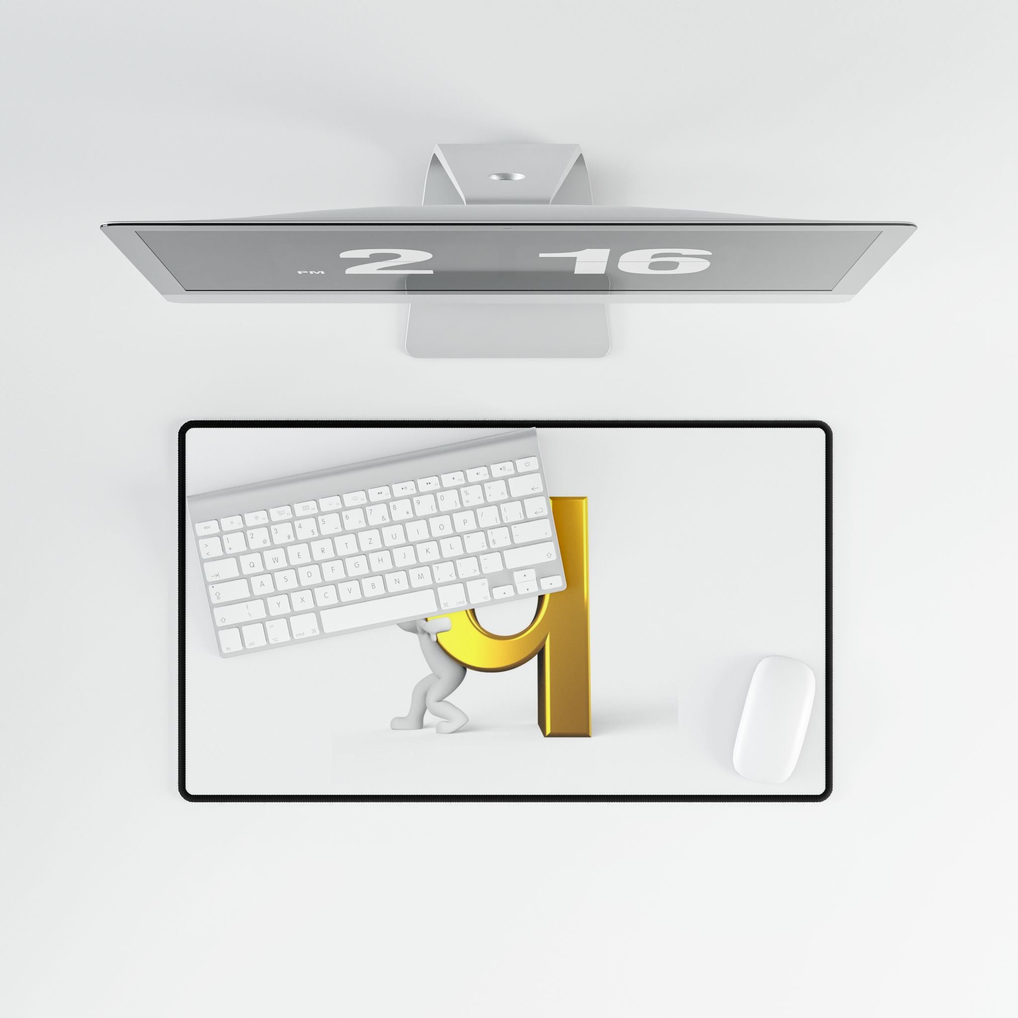 3D Figure Pushing Gold Letter Q Desk Mat | Large Mouse Pad