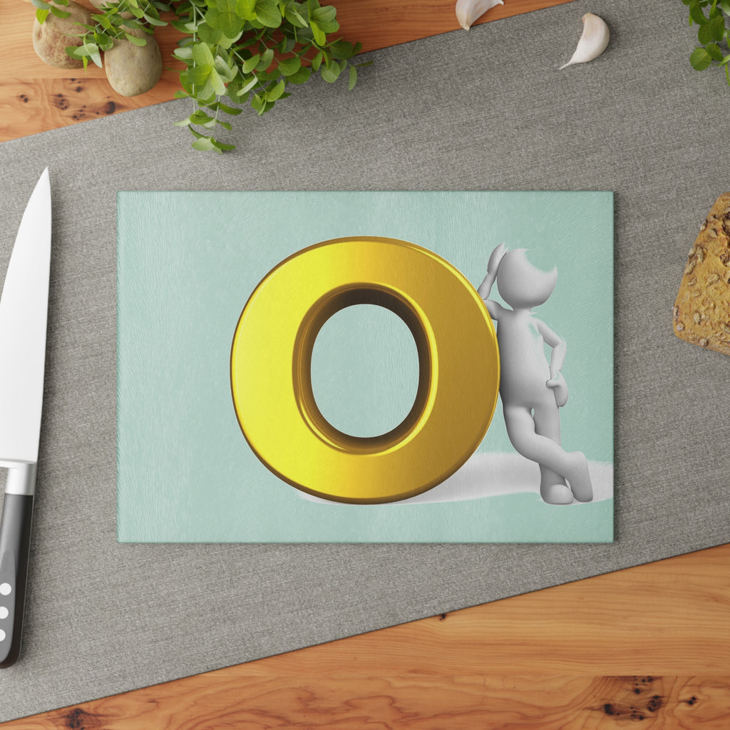 3D Gold Letter O  Character Glass Cutting Board | Decorative Kitchen Prep Surface