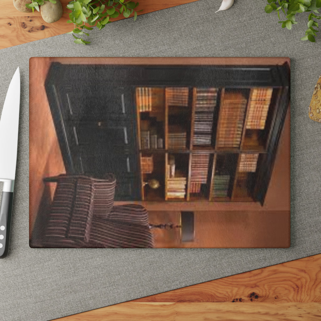 Cozy Library Bookshelf Glass Cutting Board | Kitchen Charcuterie Cheese Board