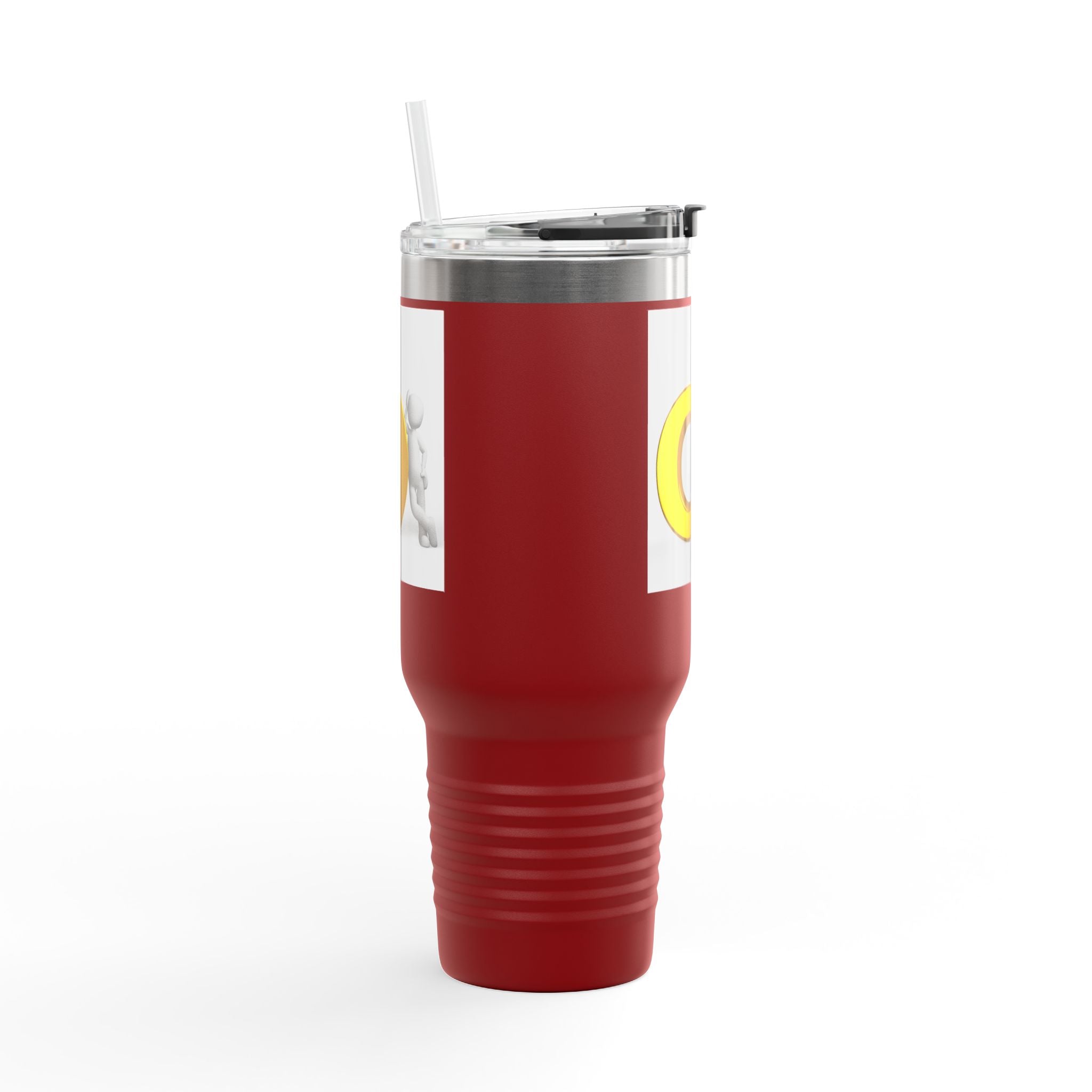 Personne 3D poussant une lettre O en or sur un gobelet de voyage | Gobelet isotherme de 40 oz
