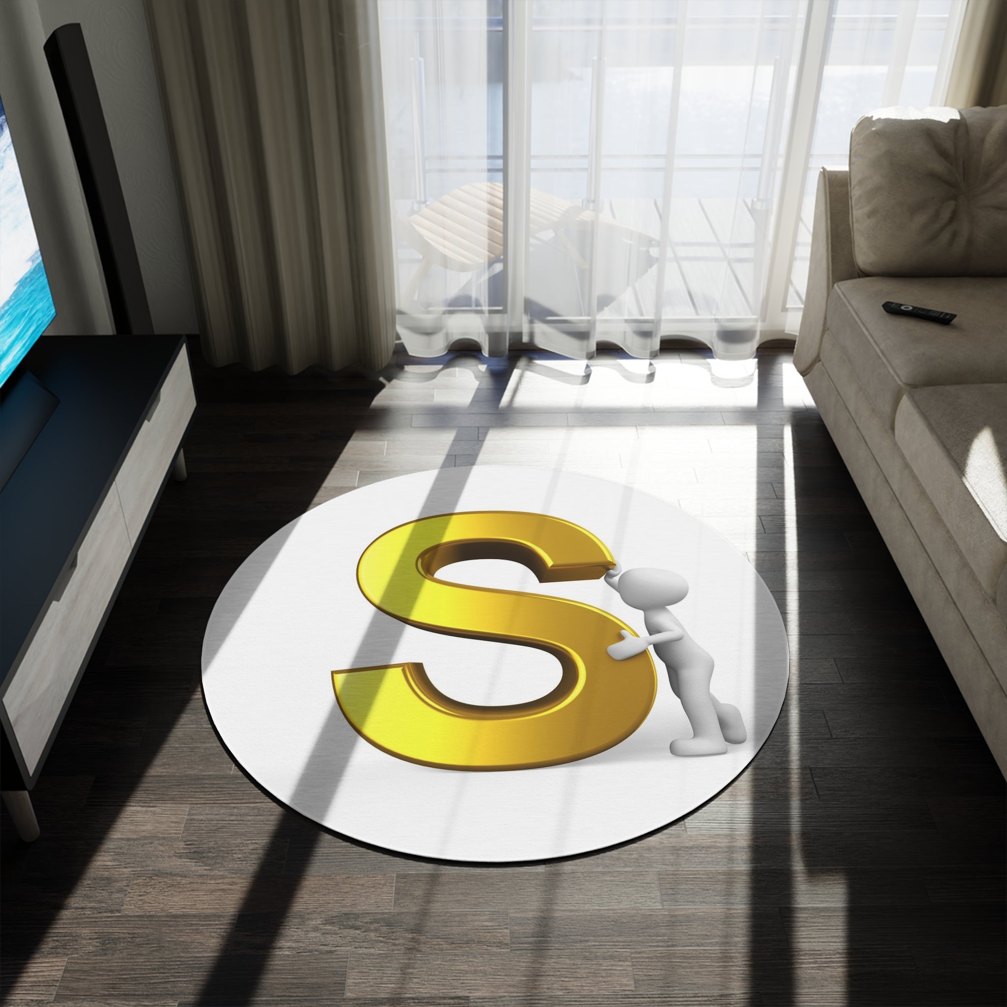 Gold Letter S with 3D Figure Round Rug | Monogram Initial Home Decor