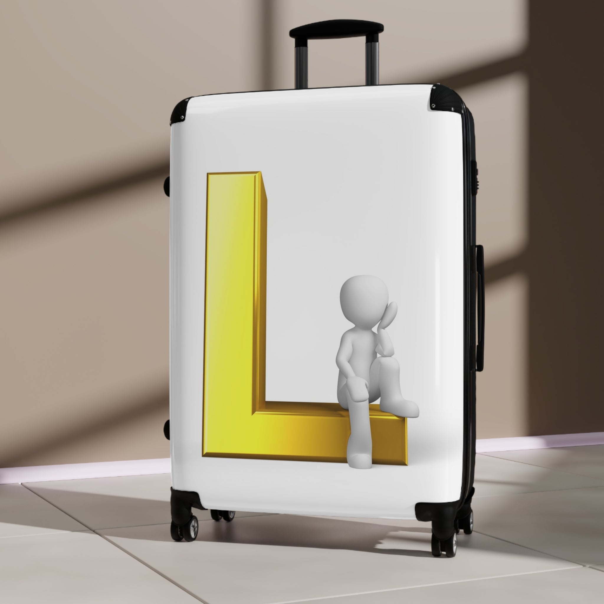 Gold Letter L with Sitting Figure Suitcase | Personalized Initial L Luggage