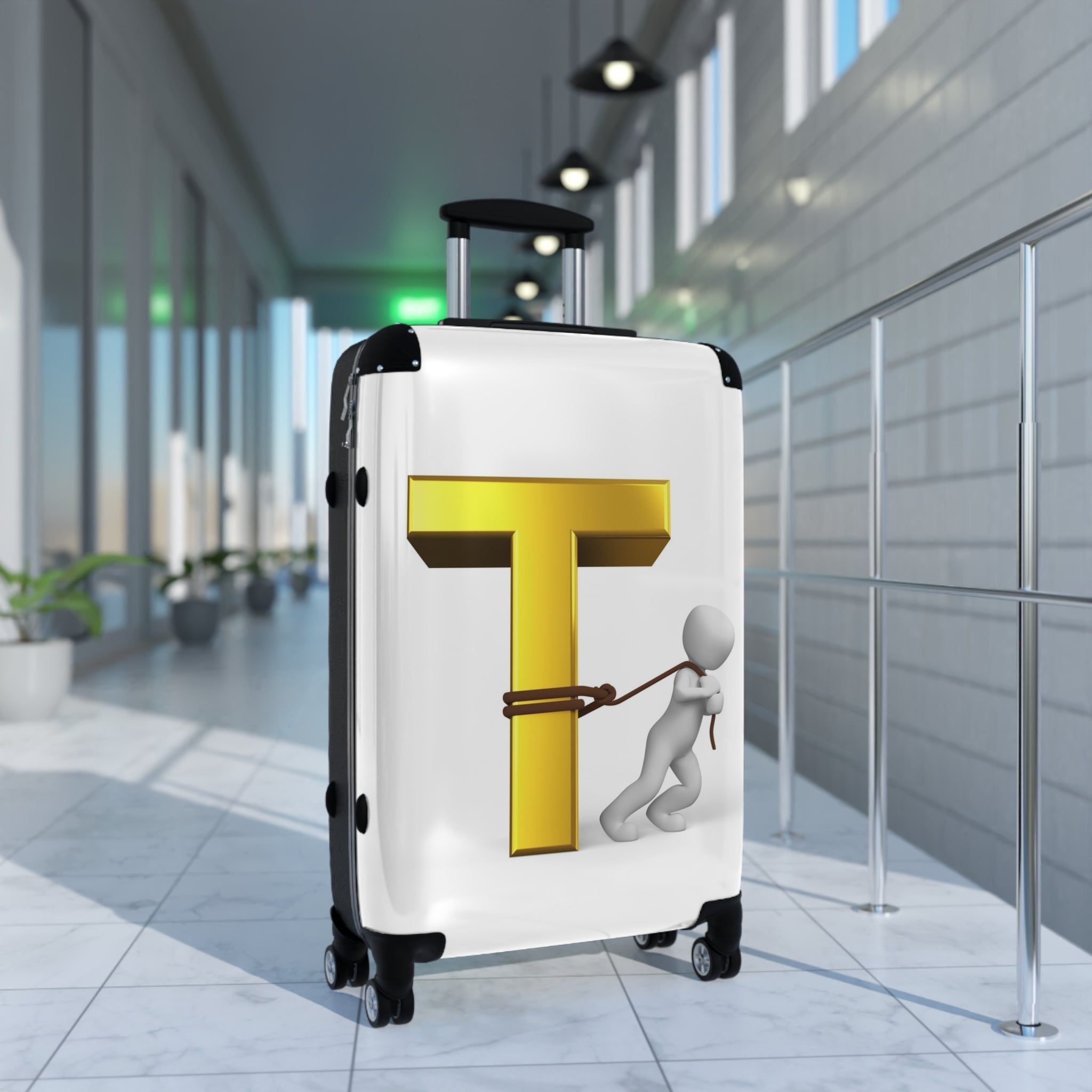 3D Gold Letter T with Figure Suitcase | Personalized Monogram Luggage