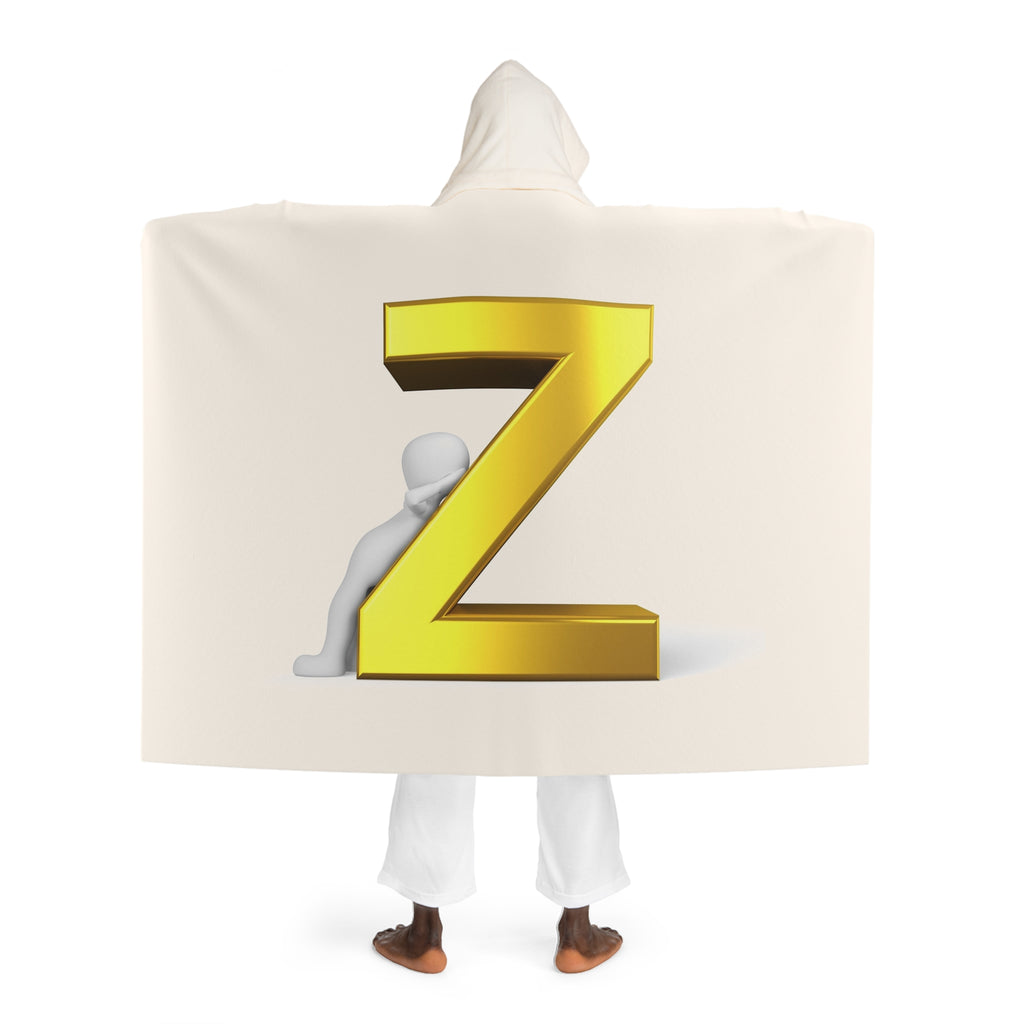 Gold Letter Z With Figure Hooded Sherpa Fleece Blanket | Cream Cozy Wearable Blanket