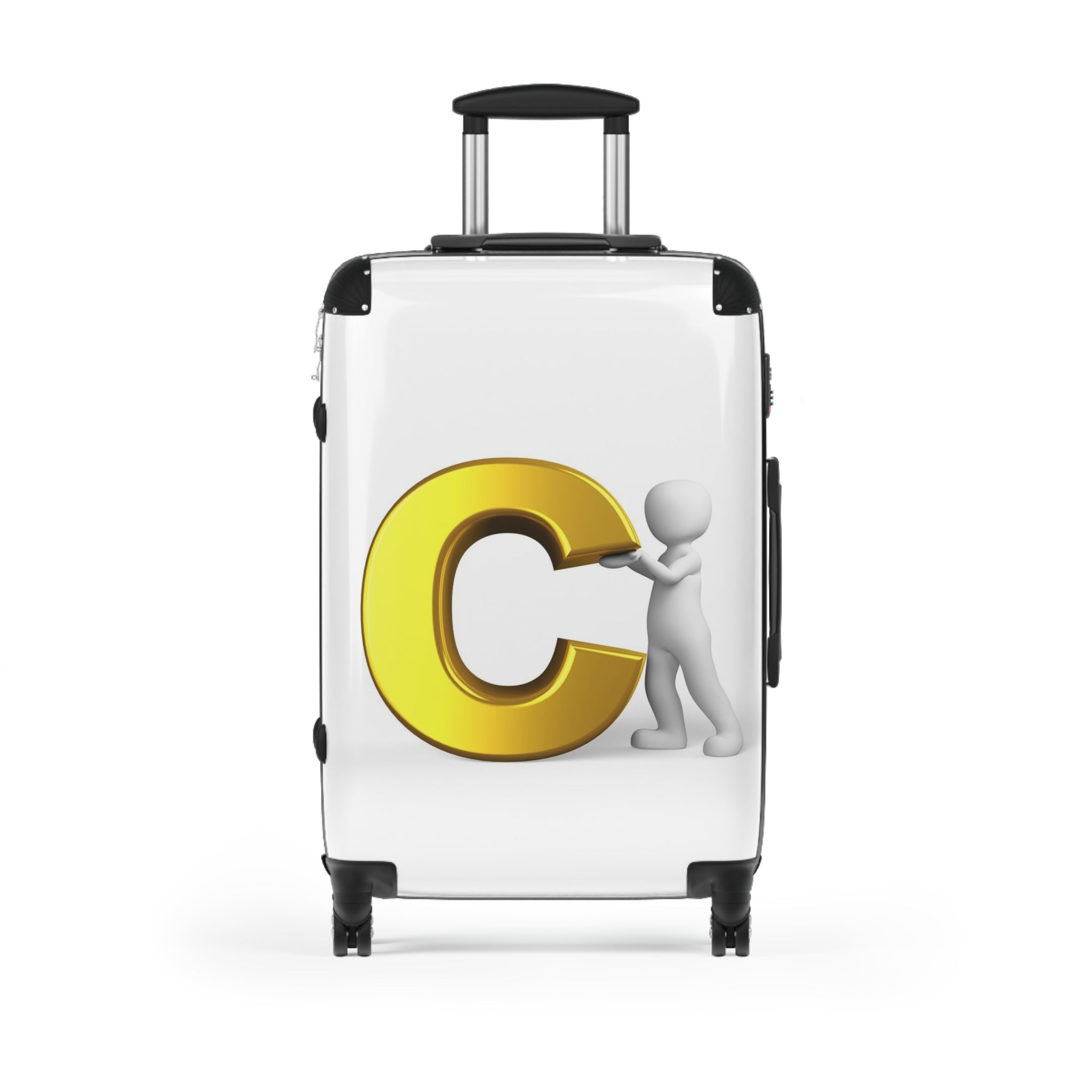 Personne 3D Poussant une Valise avec la Lettre C Dorée | Housse de Bagage Personnalisée