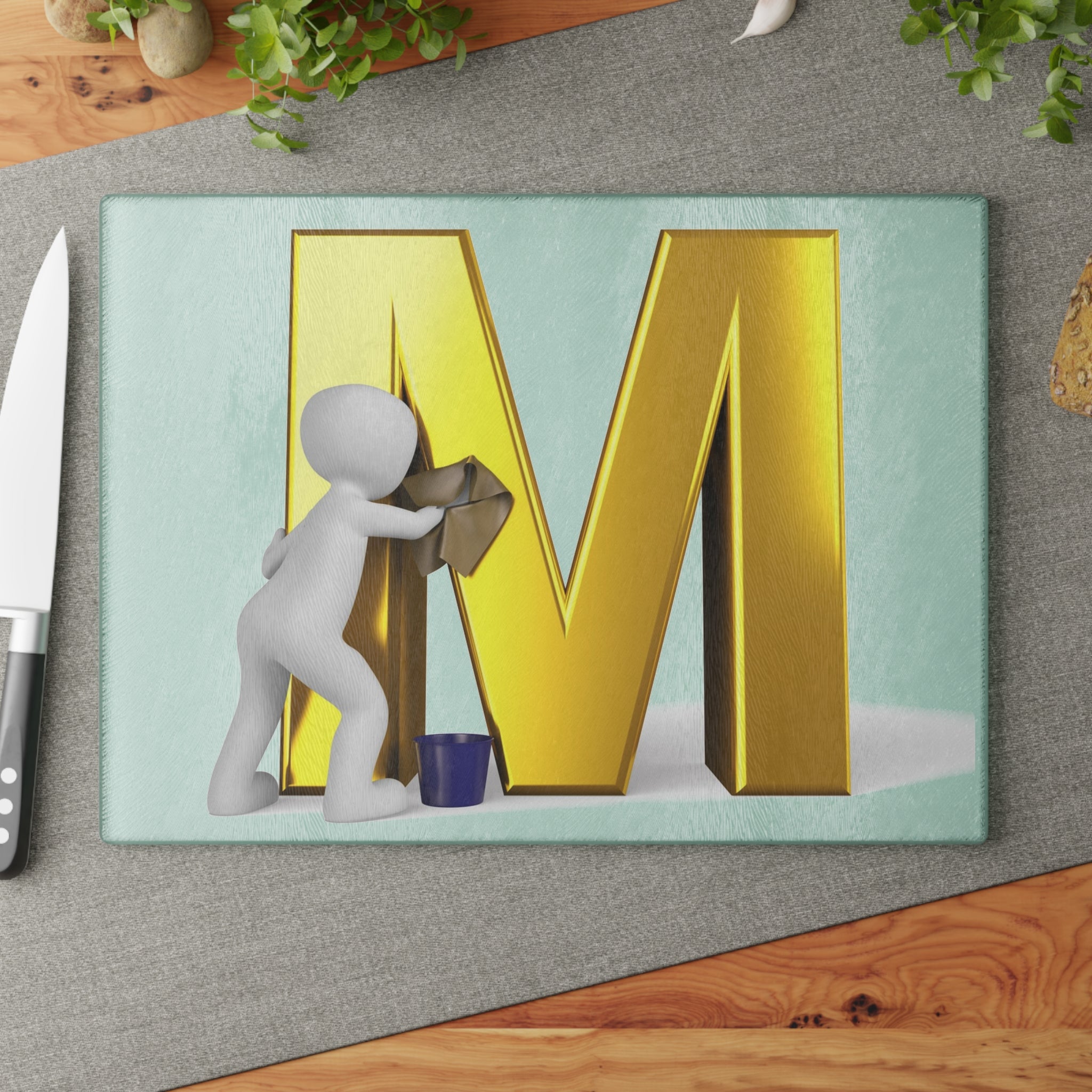 Gold Letter M with Cleaner Illustration Glass Cutting Board | Monogram Kitchen Decor