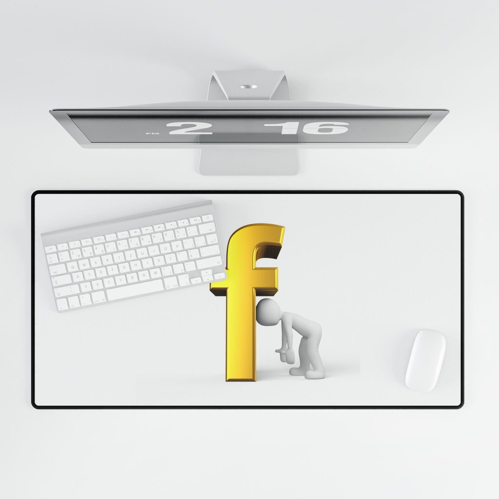 3D Figure Peeking Around Gold Letter F Desk Mat | Large Gaming Mouse Pad