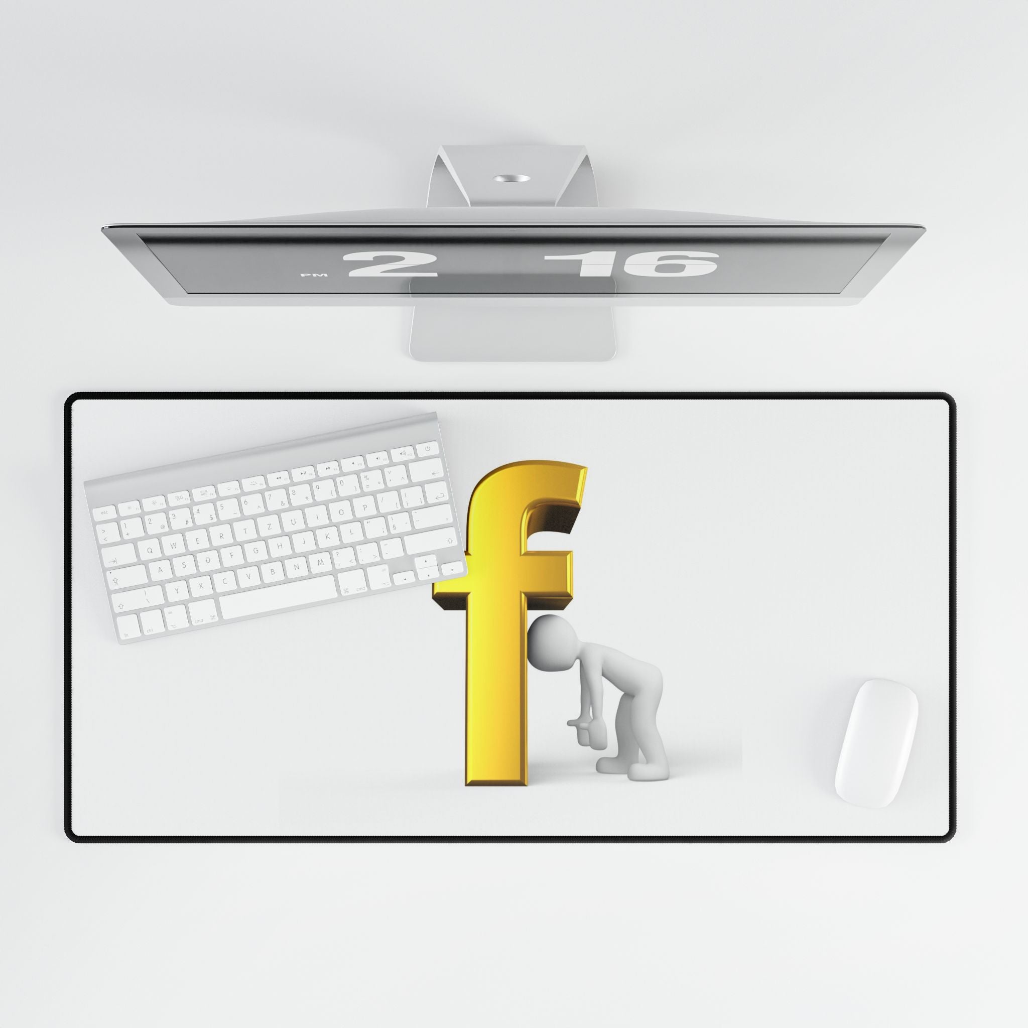 3D Figure Peeking Around Gold Letter F Desk Mat | Large Gaming Mouse Pad