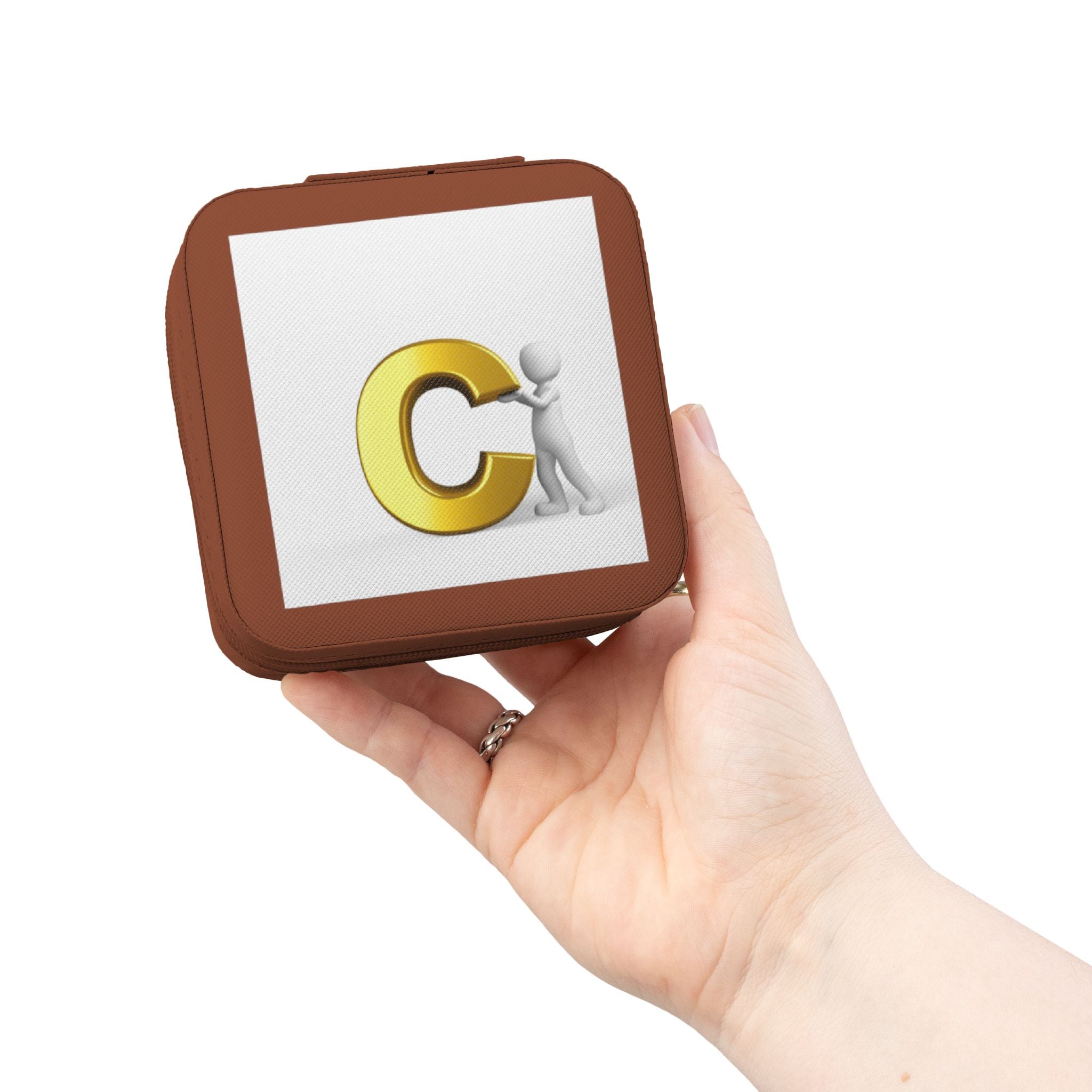 Étui de voyage compact rose pour bijoux initial C lettre dorée