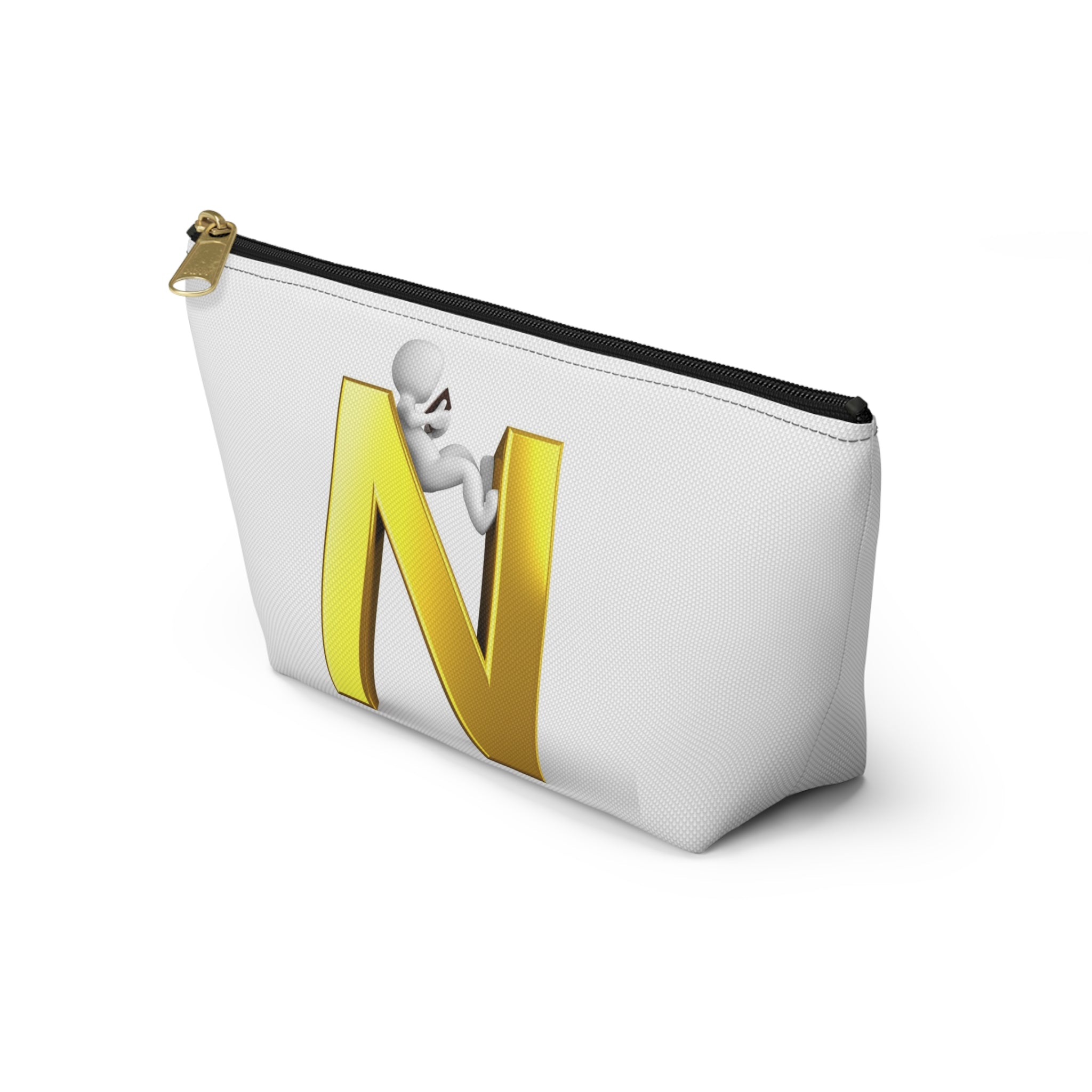 Gold Letter N with Climbing Figure Accessory Pouch | Monogram Makeup Bag