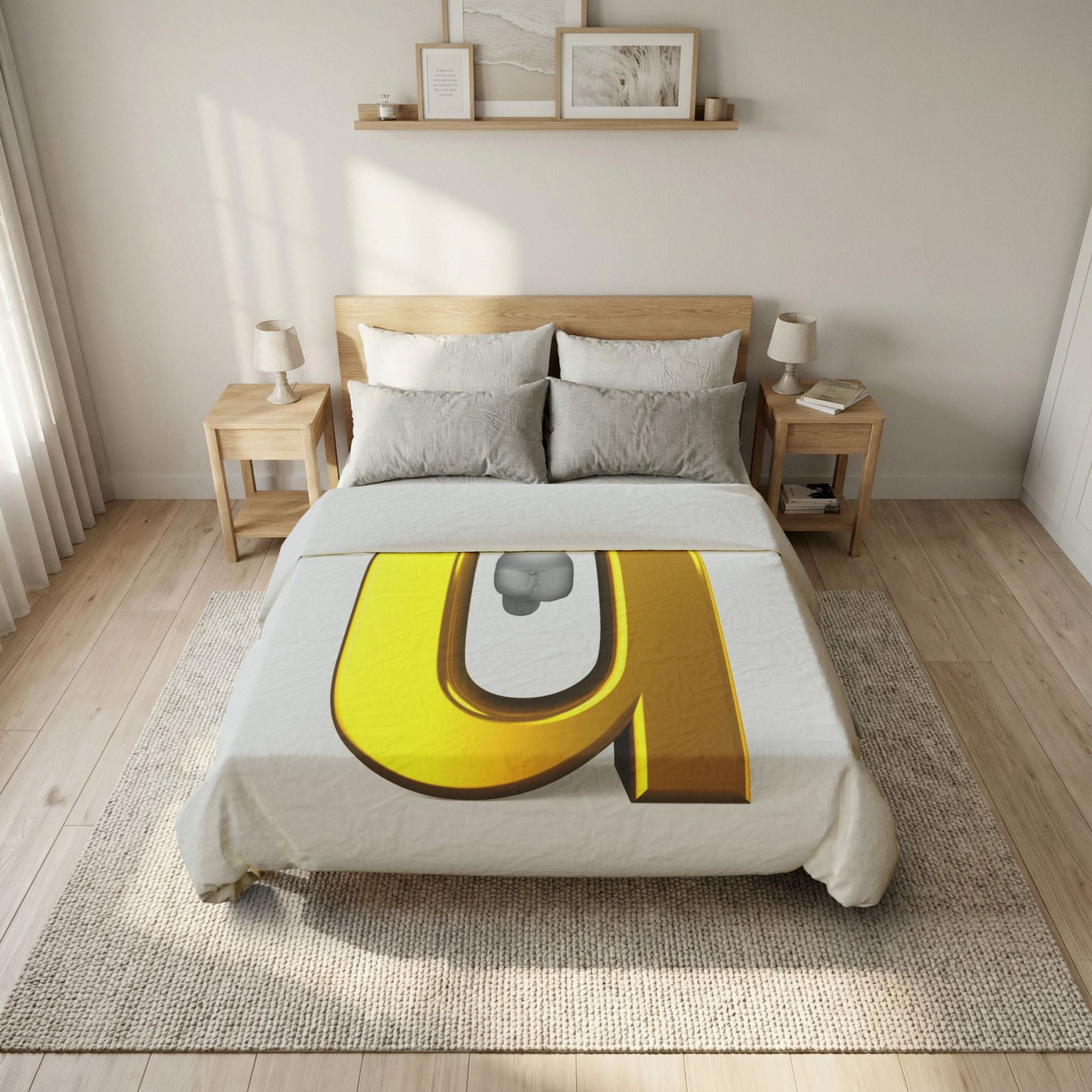 Gold Letter U with 3D Figure Duvet Cover | Monogram Initial Bedding