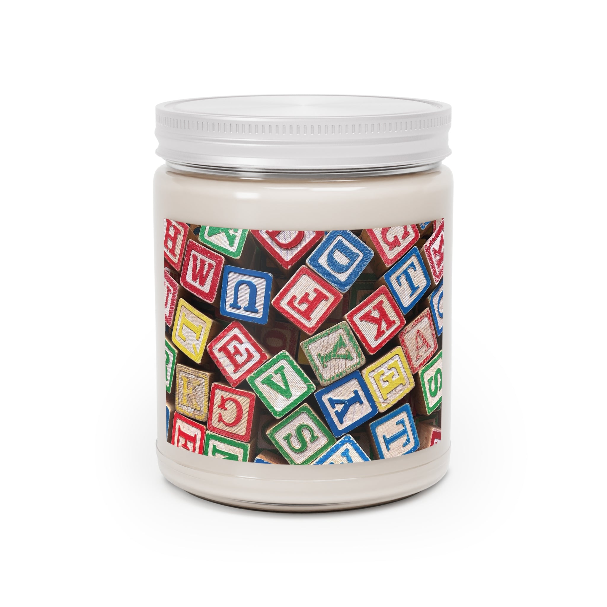 Bougie en blocs d'alphabet en bois colorés | Bougie en cire de soja, 9oz