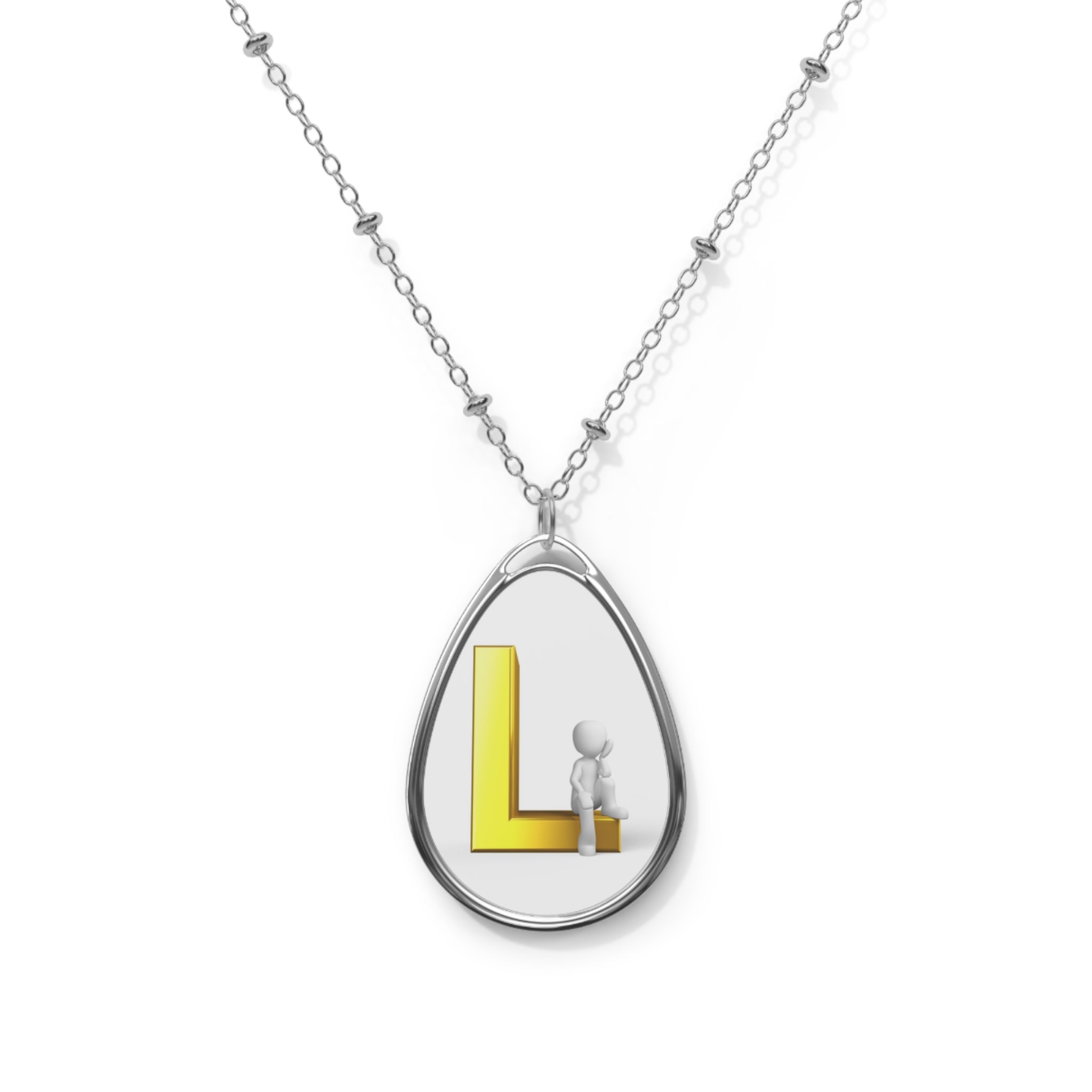 Personalized Oval Initial Necklace — Letter L Teardrop Pendant