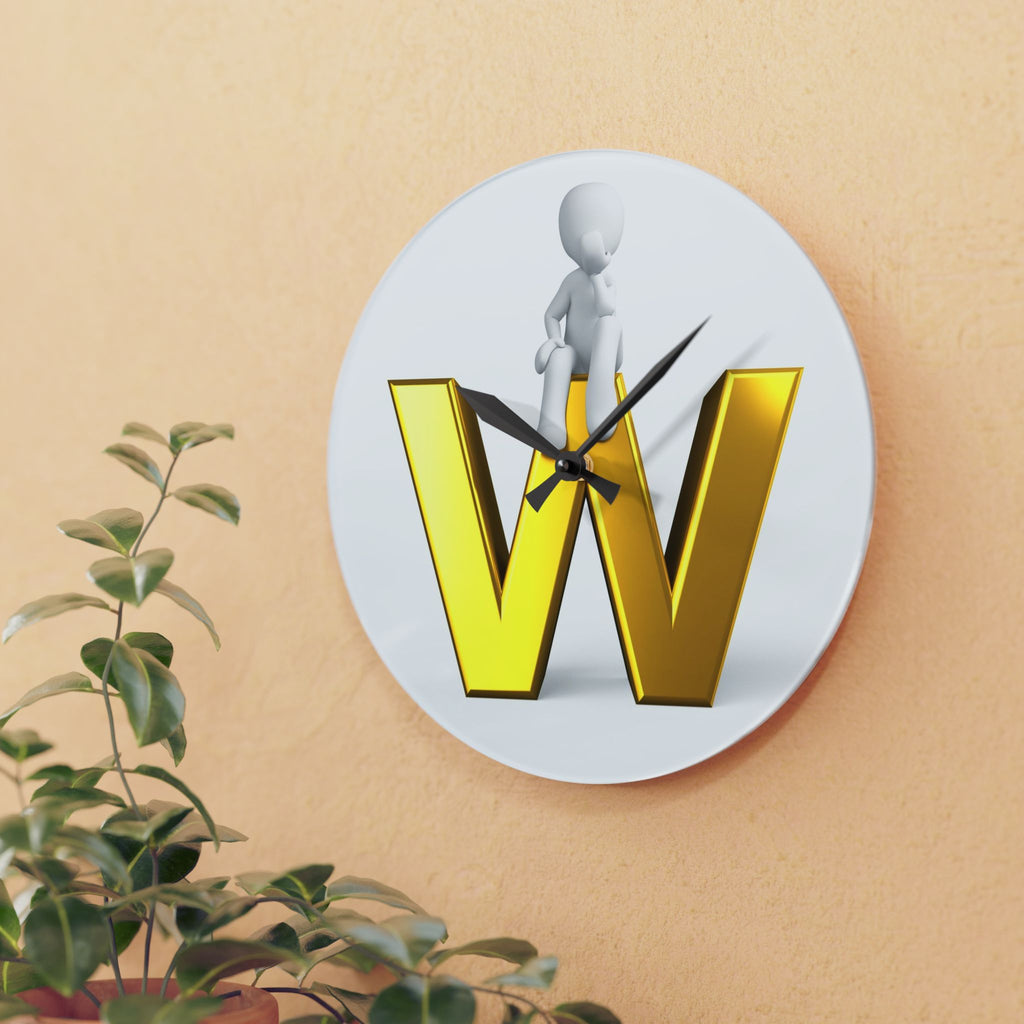 Gold Letter W with Figure Acrylic Wall Clock | Initial Monogram Decor