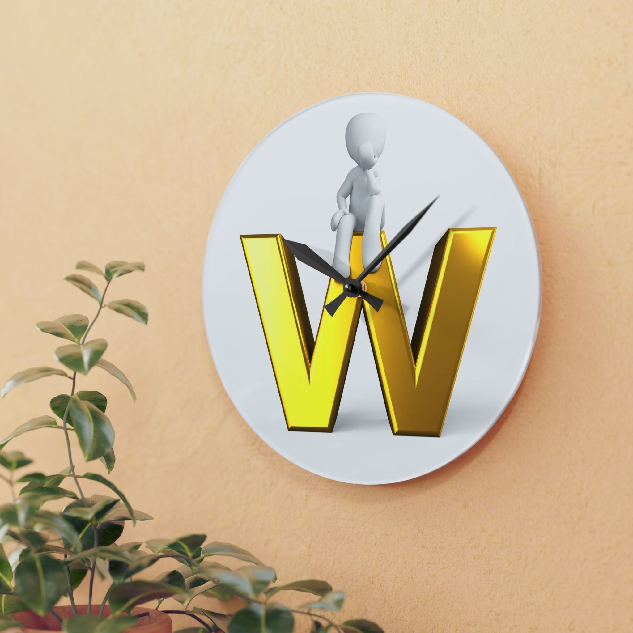 Gold Letter W with Figure Acrylic Wall Clock | Initial Monogram Decor