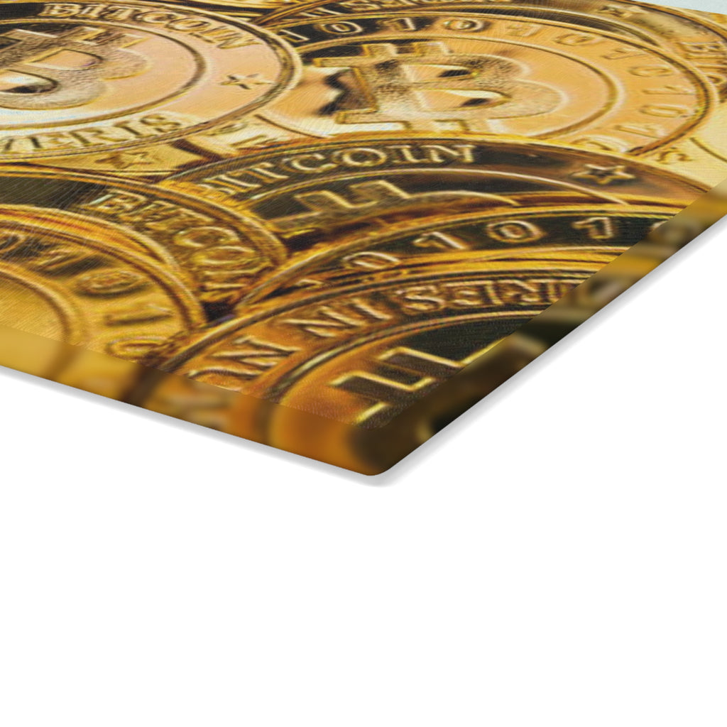 Bitcoin Gold Coins Glass Cutting Board | Cryptocurrency Kitchen Decor