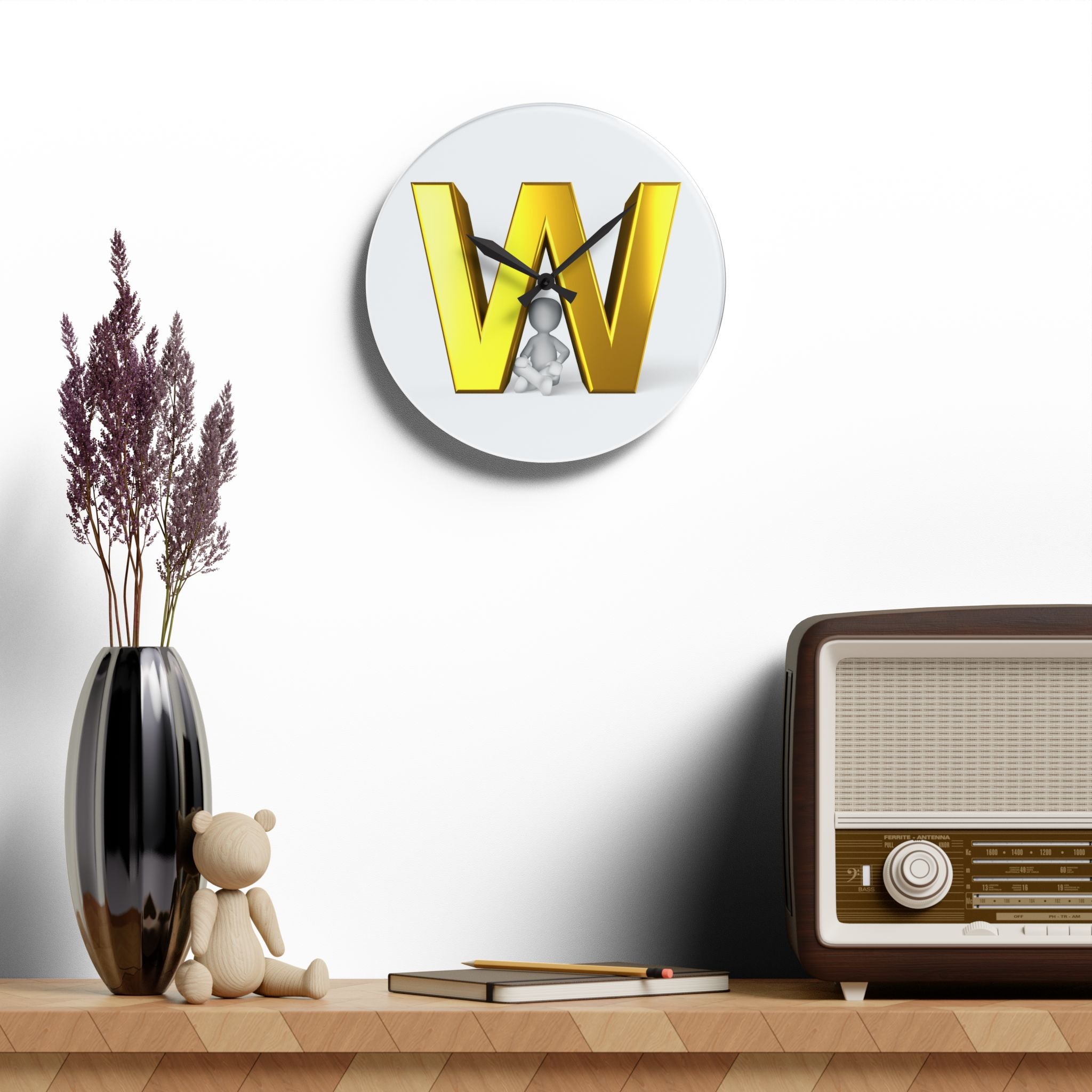 Gold Letter W Monogram Acrylic Wall Clock | Initial W Home Decor