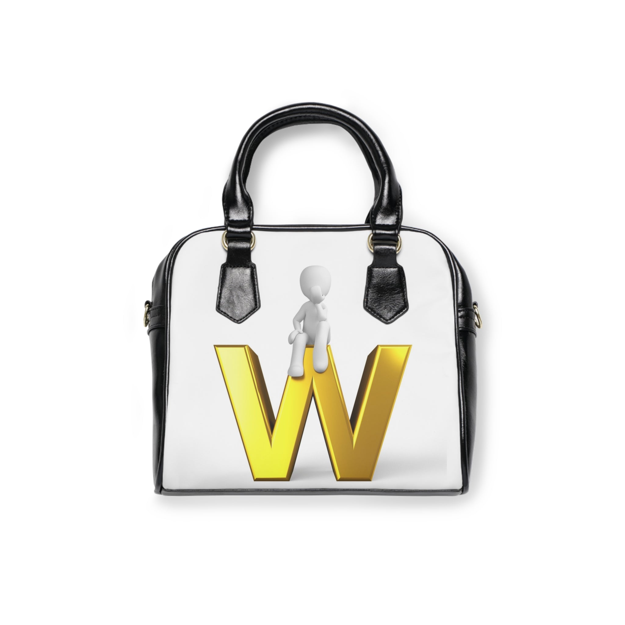 3D Figure Sitting on Gold Letter W Shoulder Handbag | Monogram Initial Purse