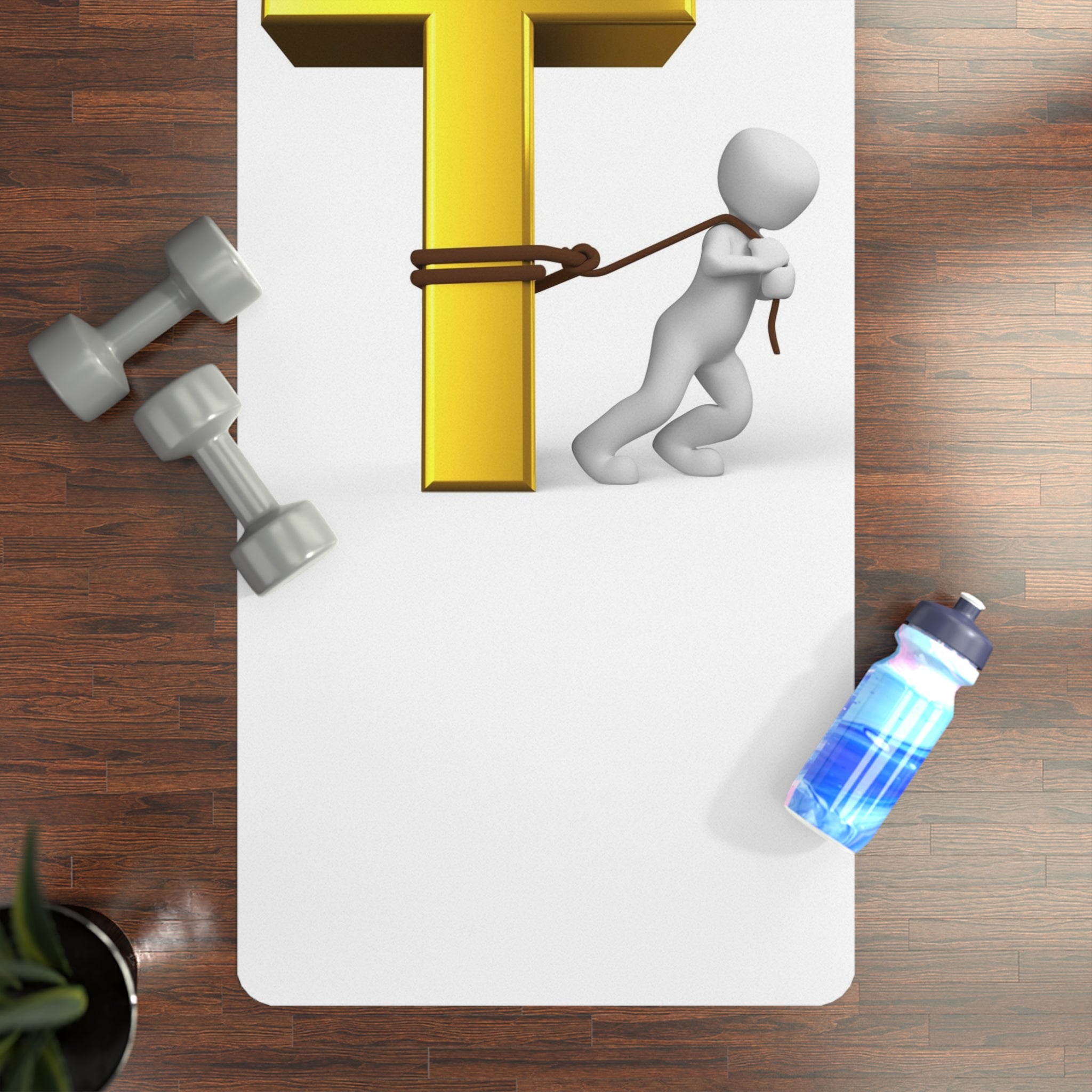 Stick Figure Tugging Gold Letter T, Rubber Yoga Mat | Funny Letter Design