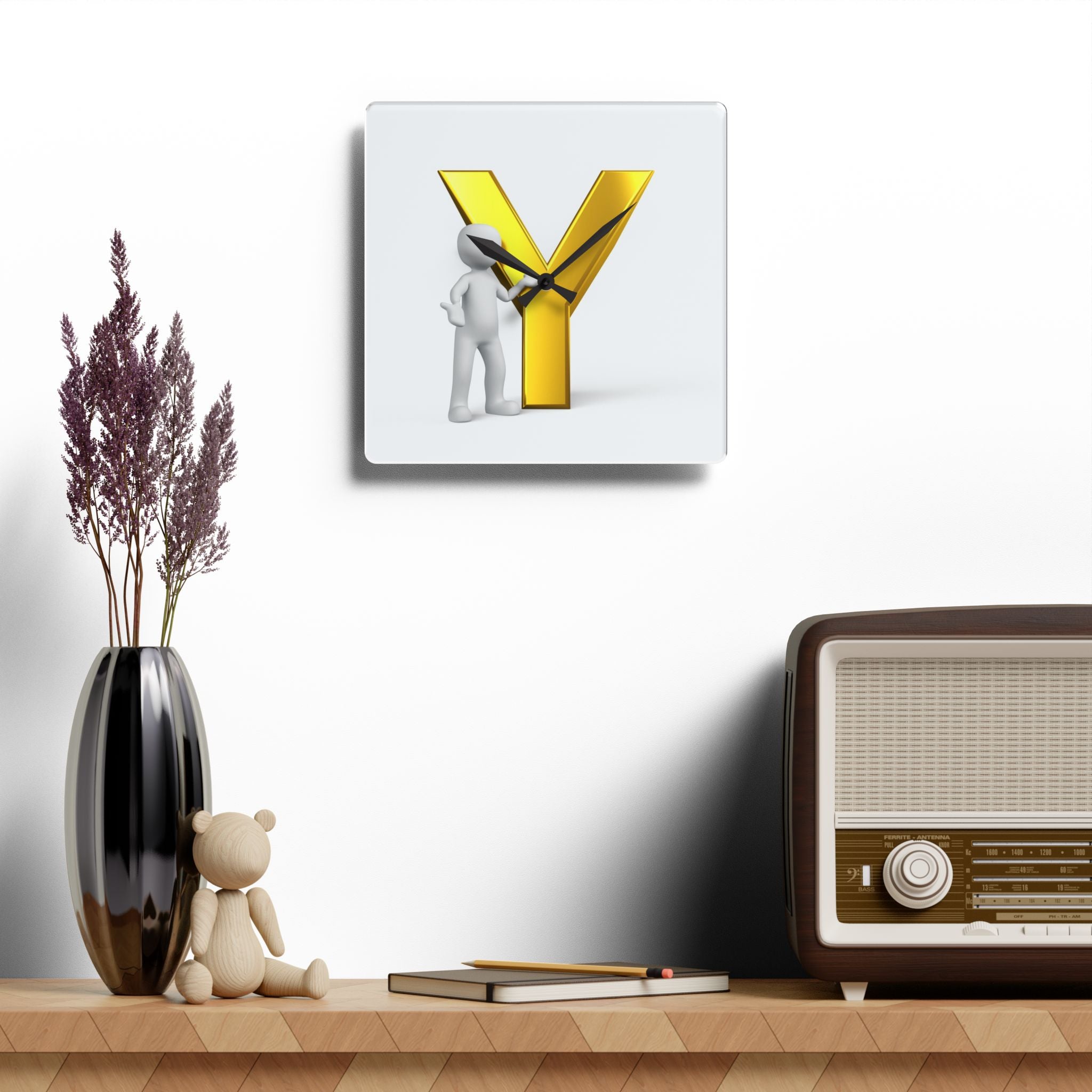 Yellow Gold Letter Y with 3D Figure Acrylic Wall Clock | Monogram Initial Decor