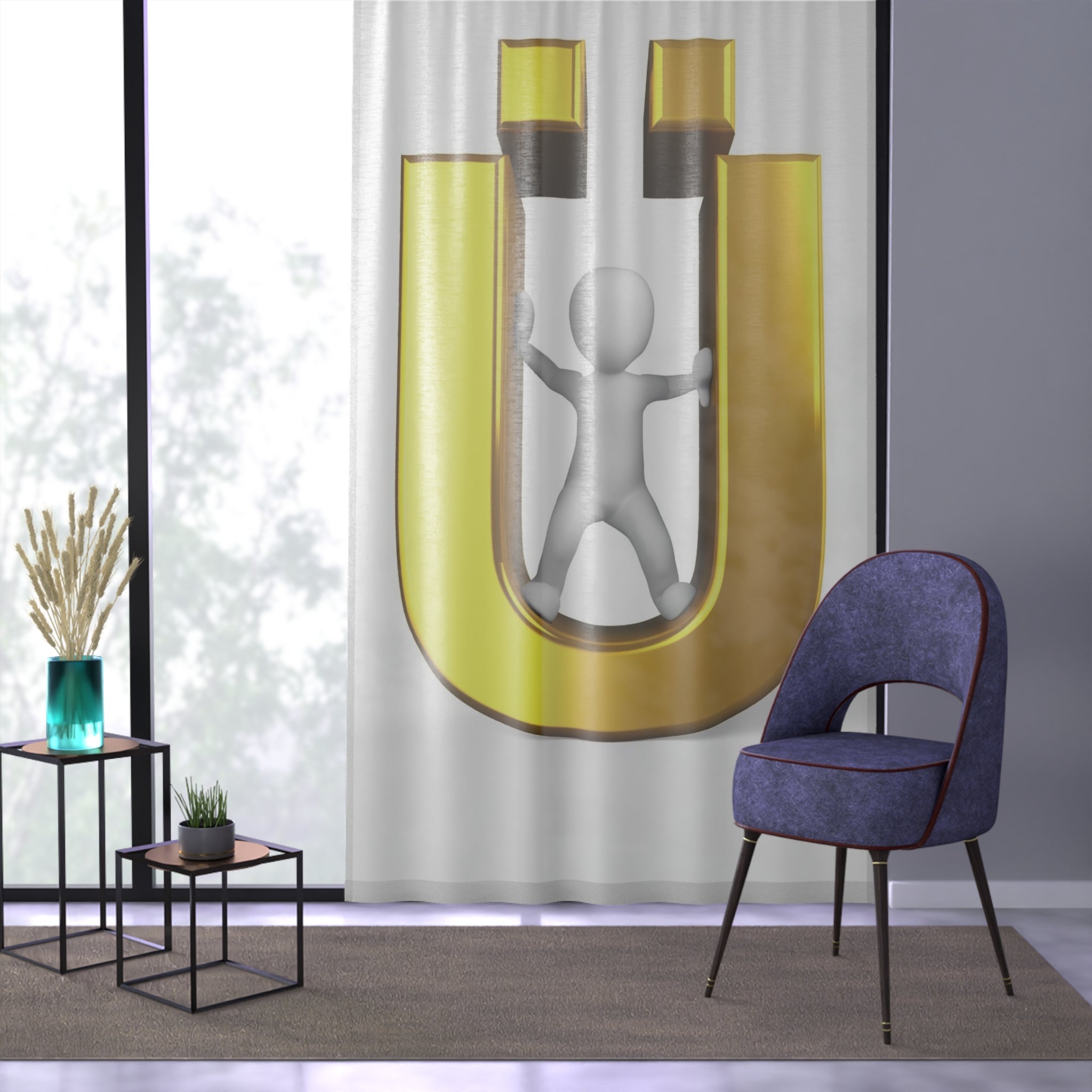 3D Gold Letter Ü with Figure Window Curtain | Alphabet Monogram Drapery