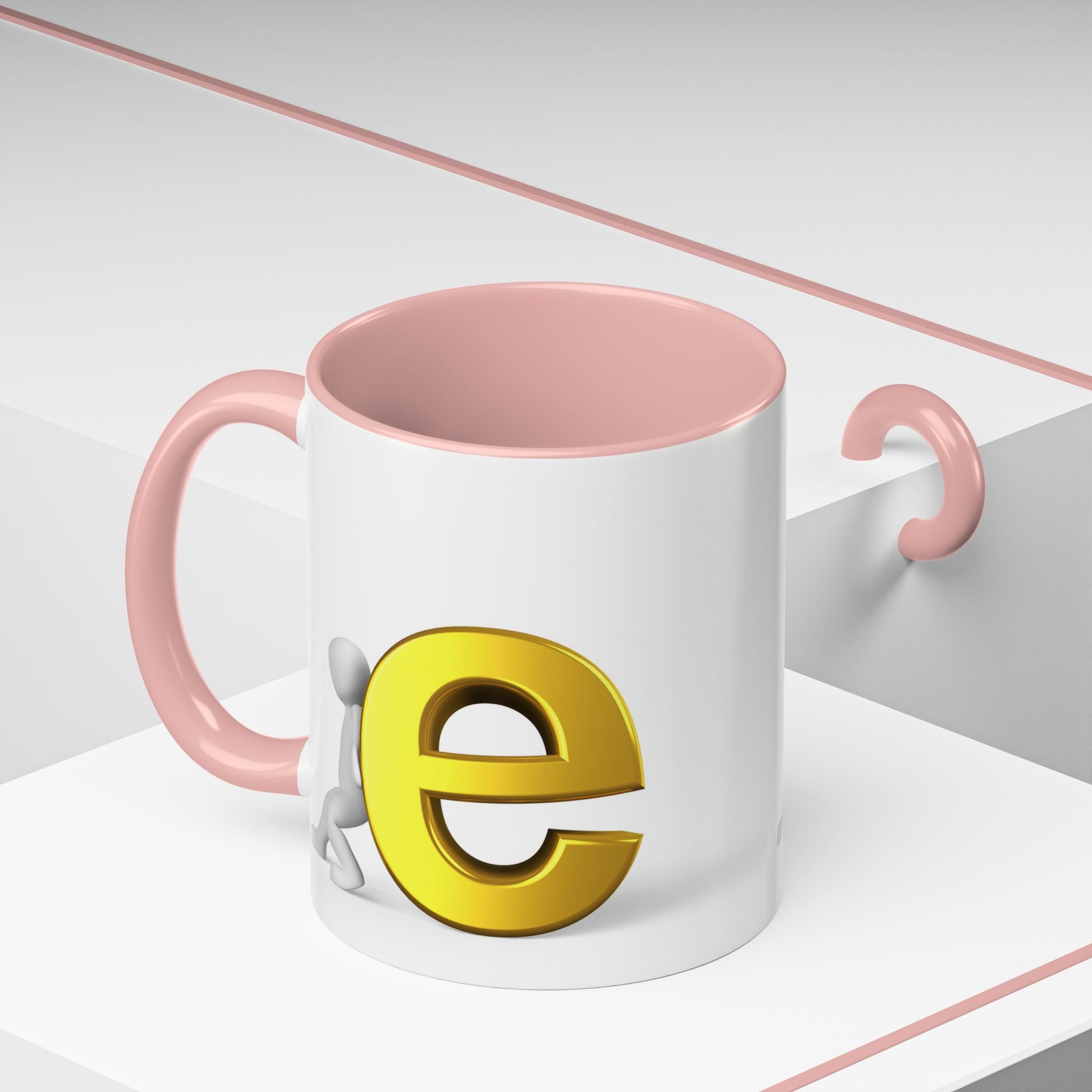 3D Stick Figure Pushing Gold Letter e Accent Coffee Mug | Black Handle, Interior
