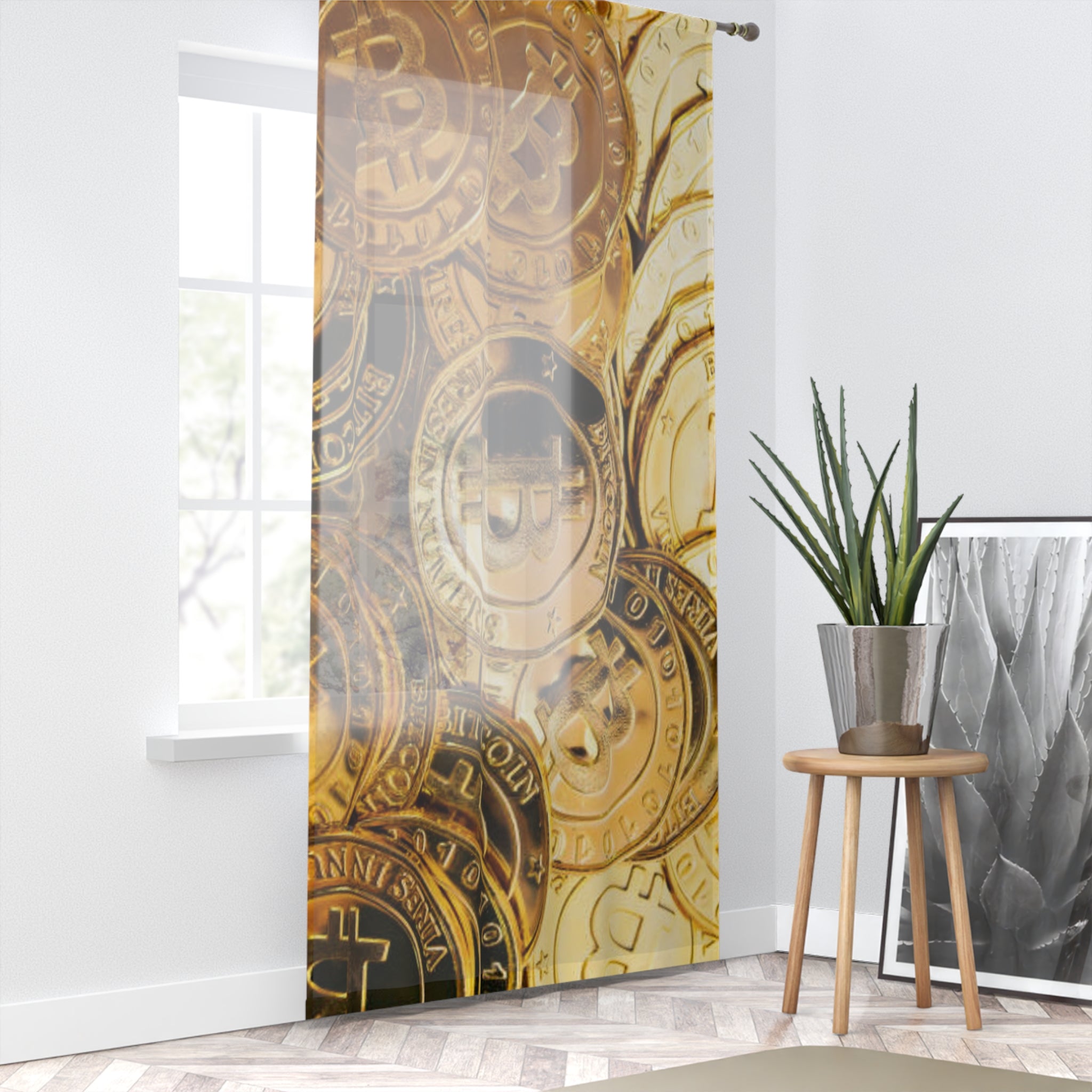 Bitcoin Coin Pattern Window Curtain | Cryptocurrency Coins Sheer Curtain