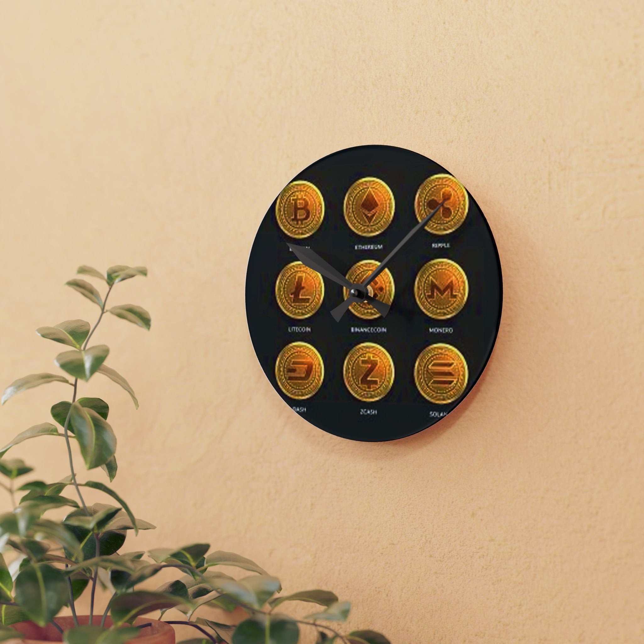 Cryptocurrency Coin Icons Acrylic Wall Clock | Bitcoin Ethereum Ripple Litecoin Monero