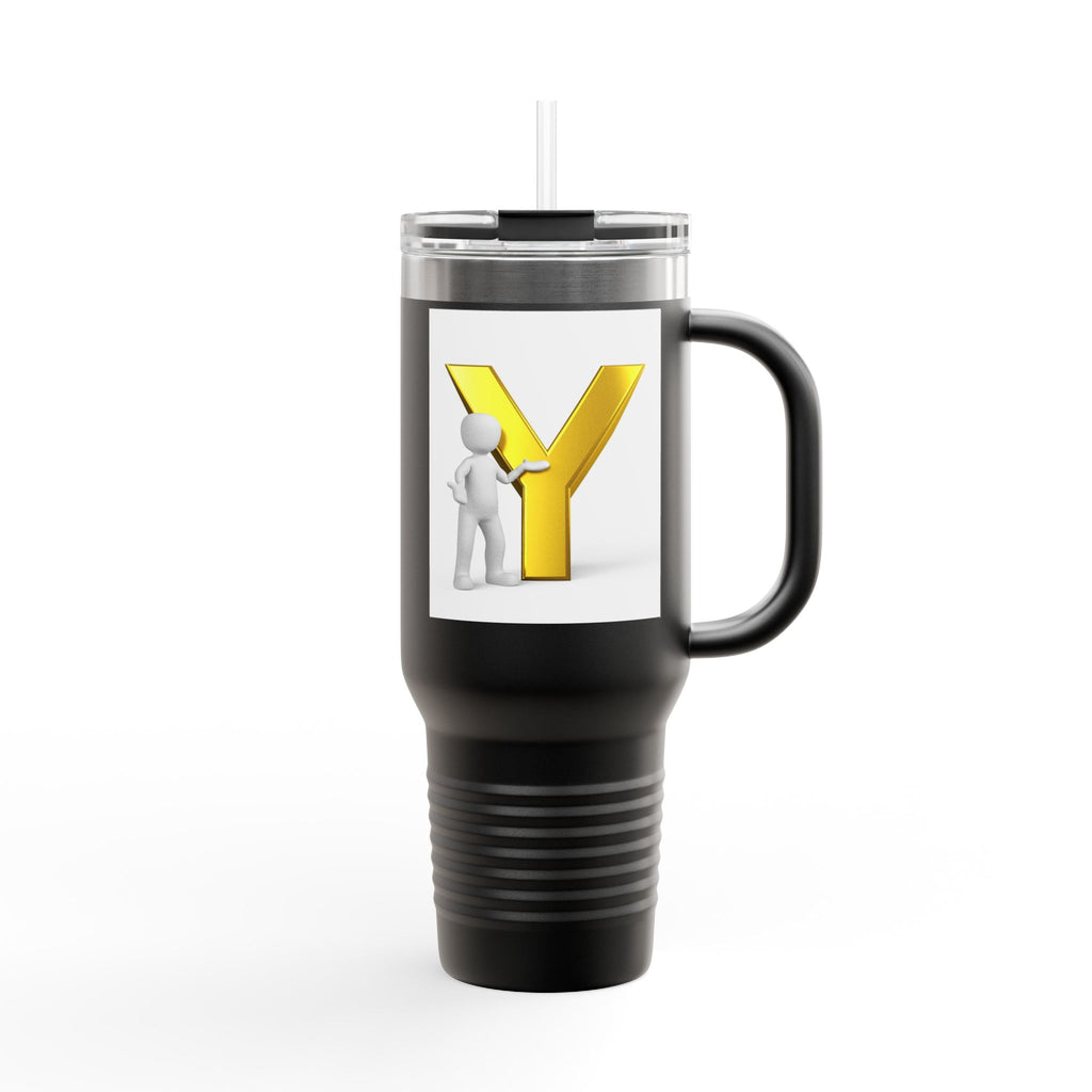 Yellow 3D Letter Y with Figure Travel Mug