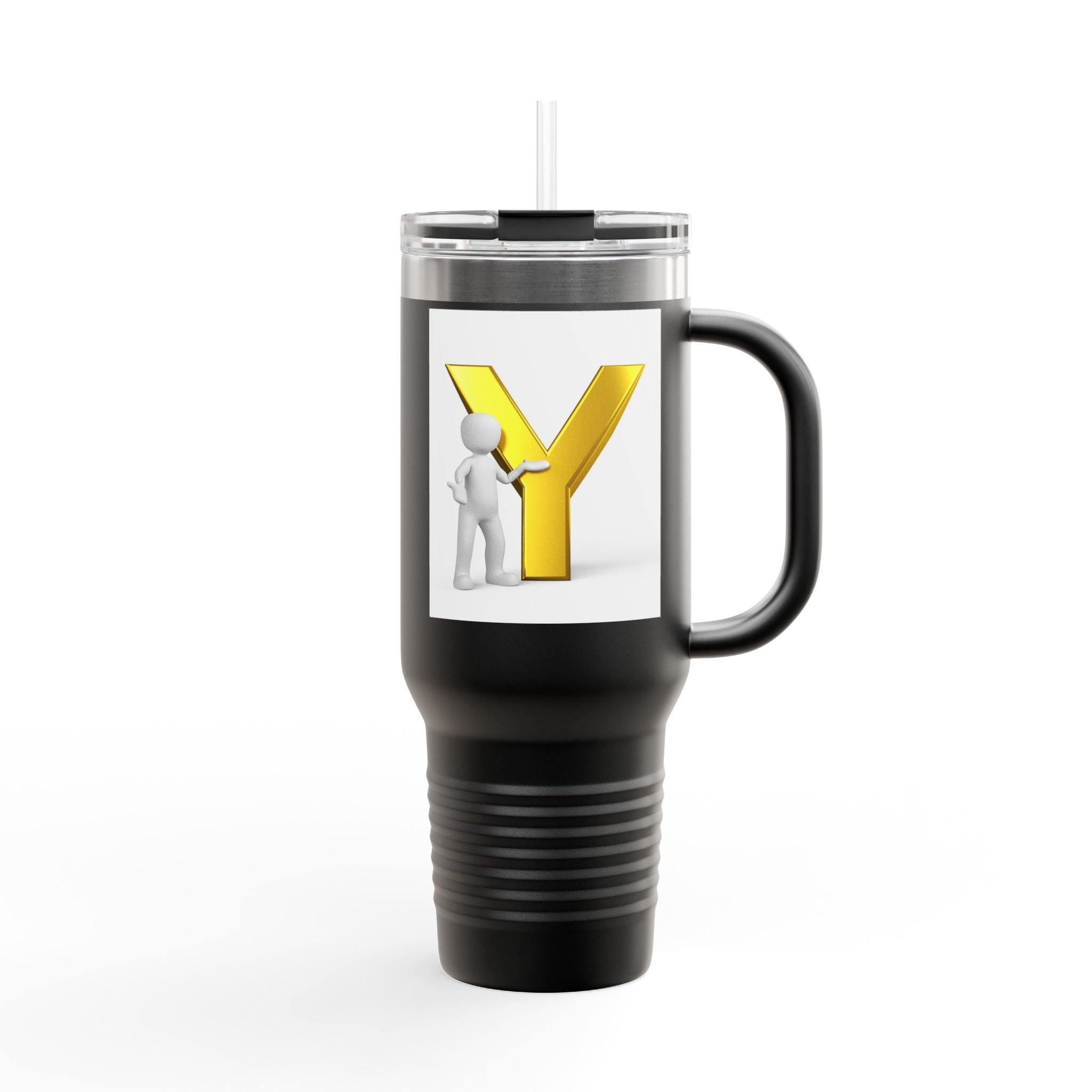 Yellow 3D Letter Y with Figure Travel Mug