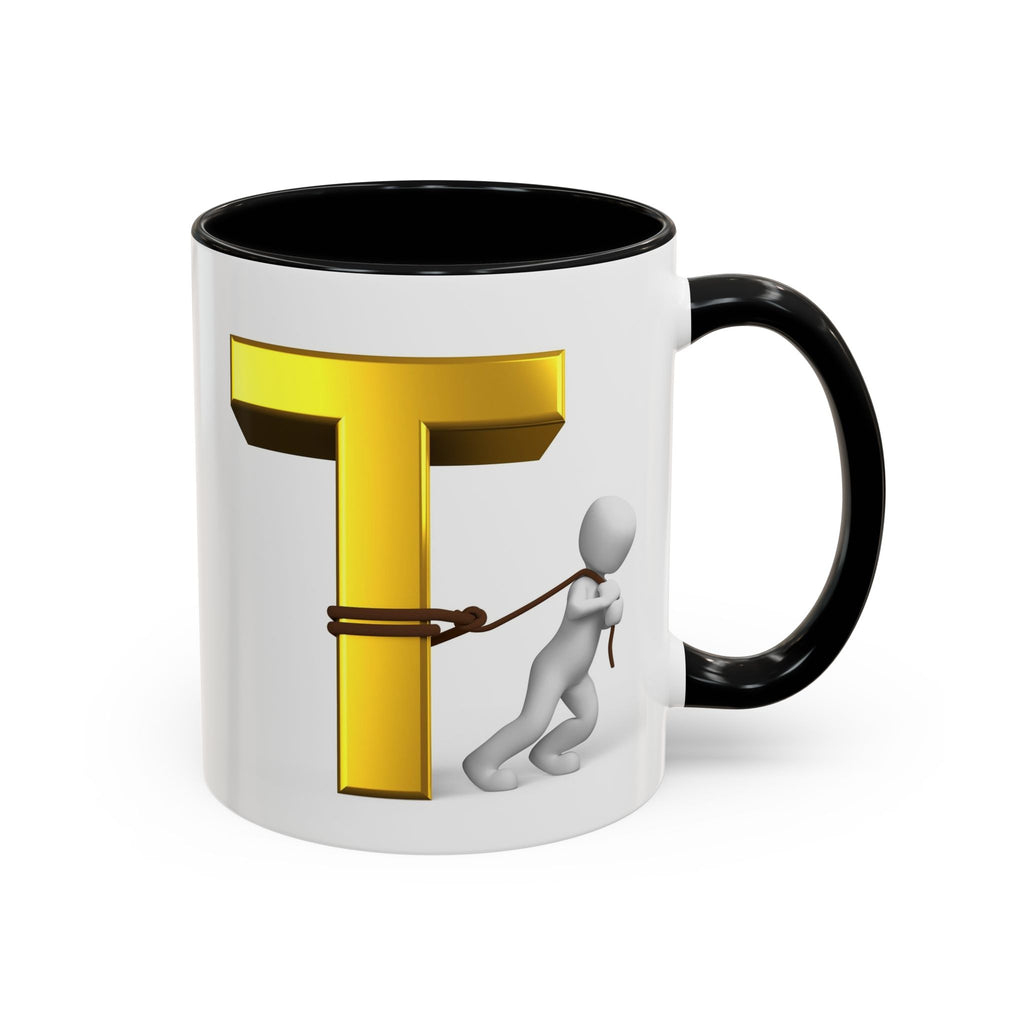 3D Stick Figure Tugging Gold Letter T Mug | Accent Coffee Mug