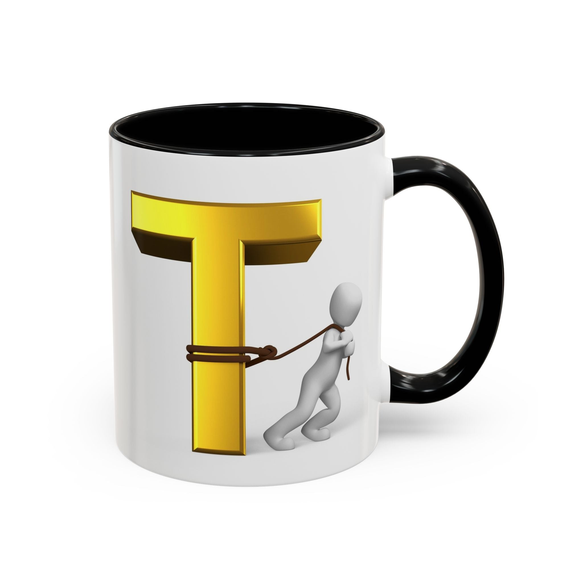 3D Stick Figure Tugging Gold Letter T Mug | Accent Coffee Mug