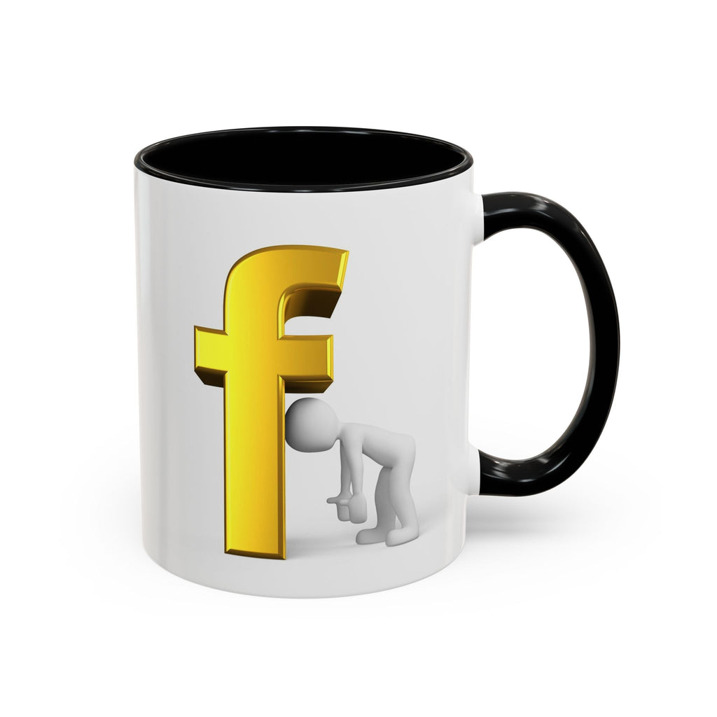 3D Tiny Figure Leaning on Gold Letter F Mug | Accent Coffee Mug
