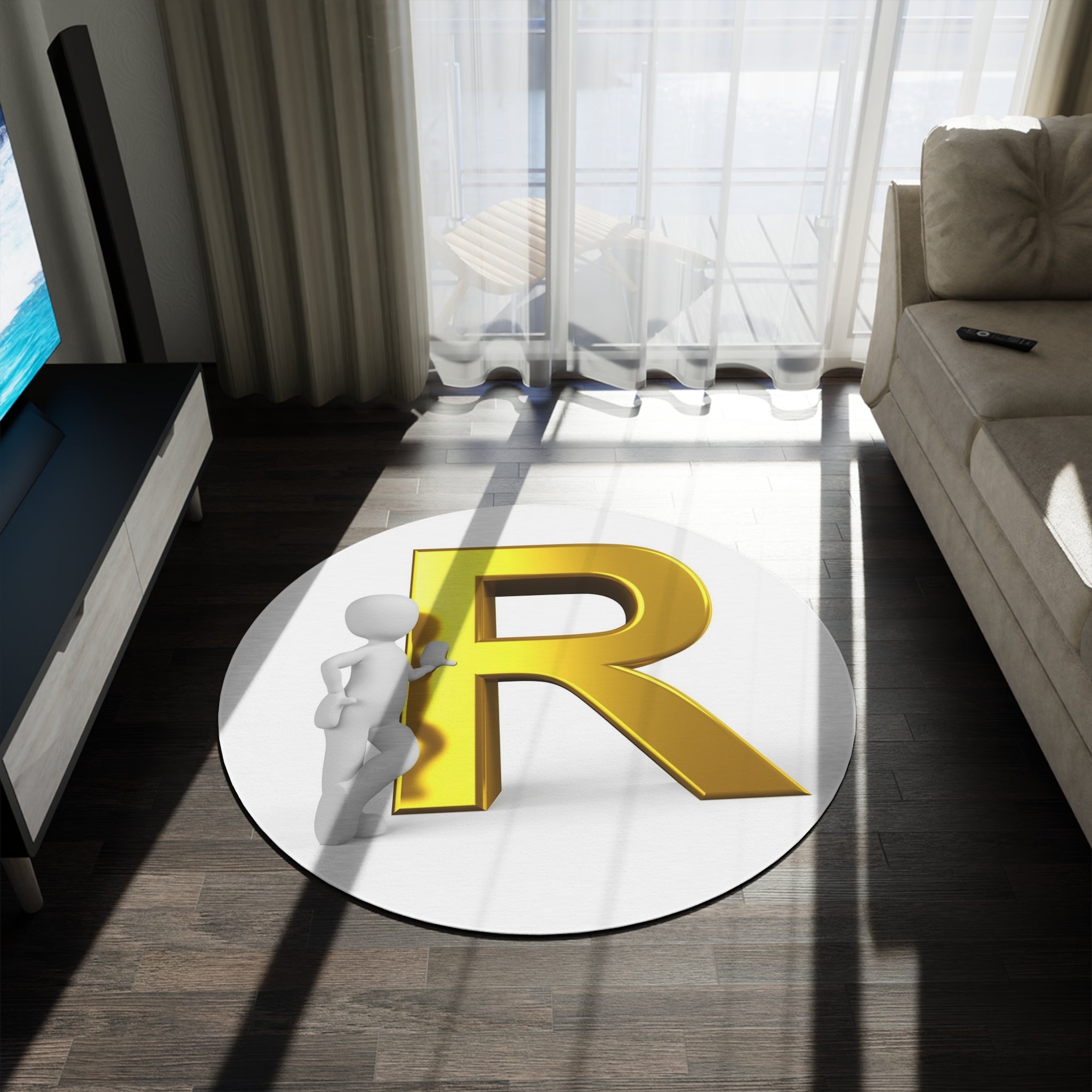 Gold Letter R Monogram Round Rug | Initial Letter R Floor Mat