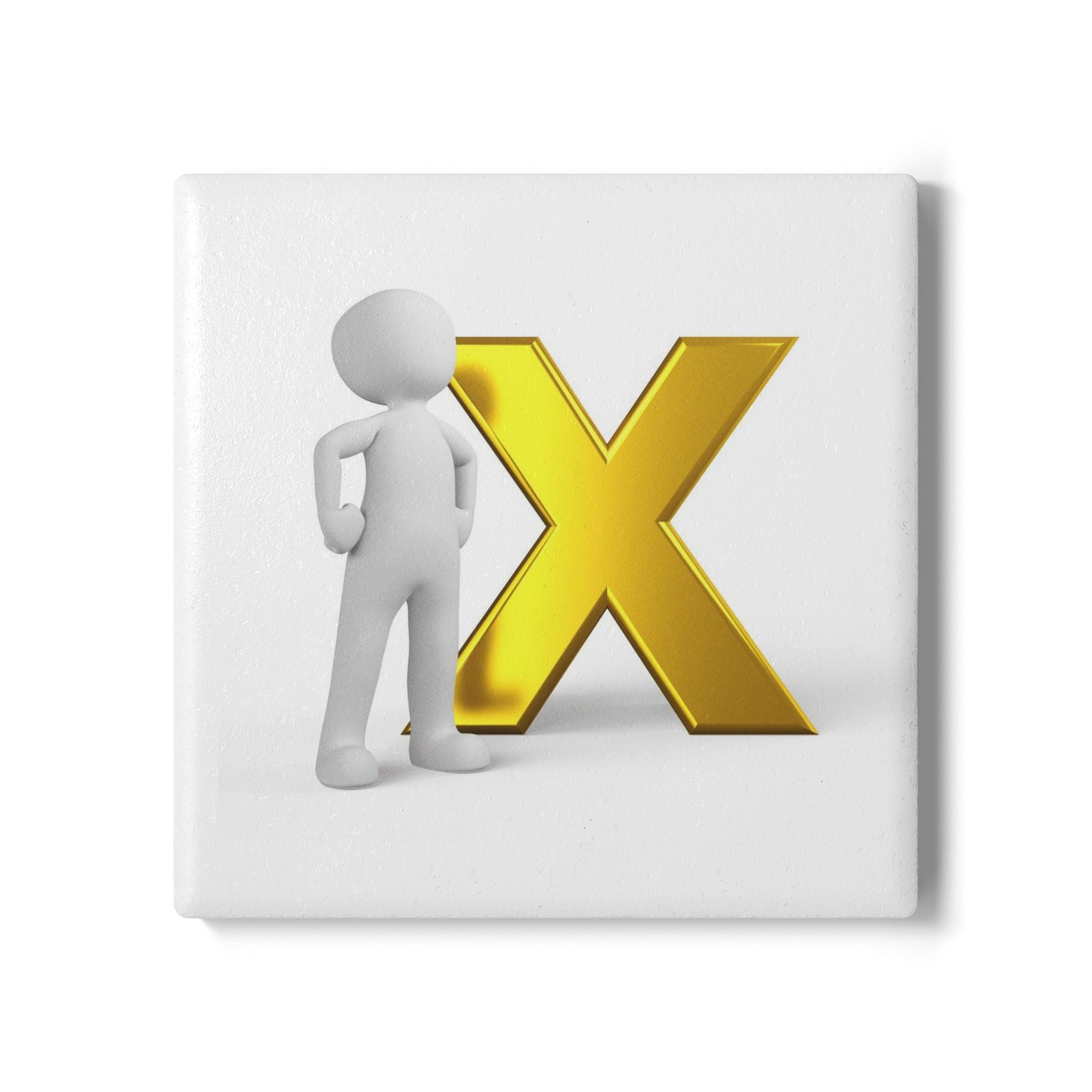 3D Stick Figure with Gold X Ceramic Coaster | Round Cork Back
