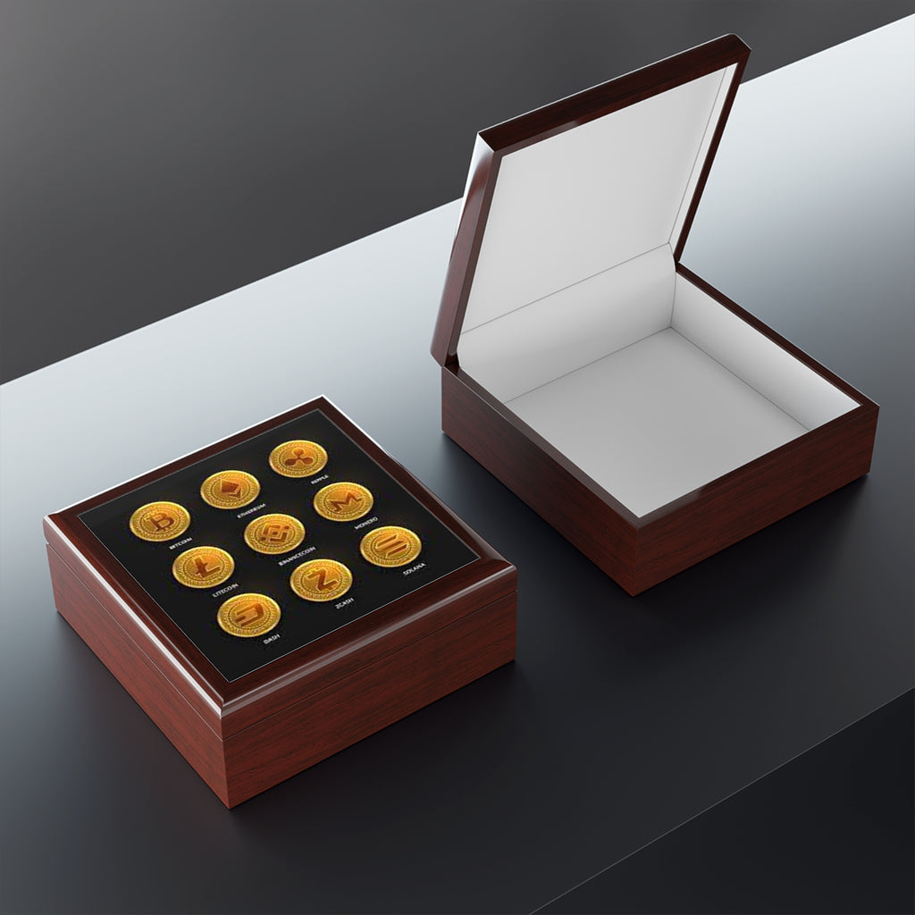 Cryptocurrency Coin Icons Jewelry Box | Bitcoin Ethereum Ripple Litecoin Display