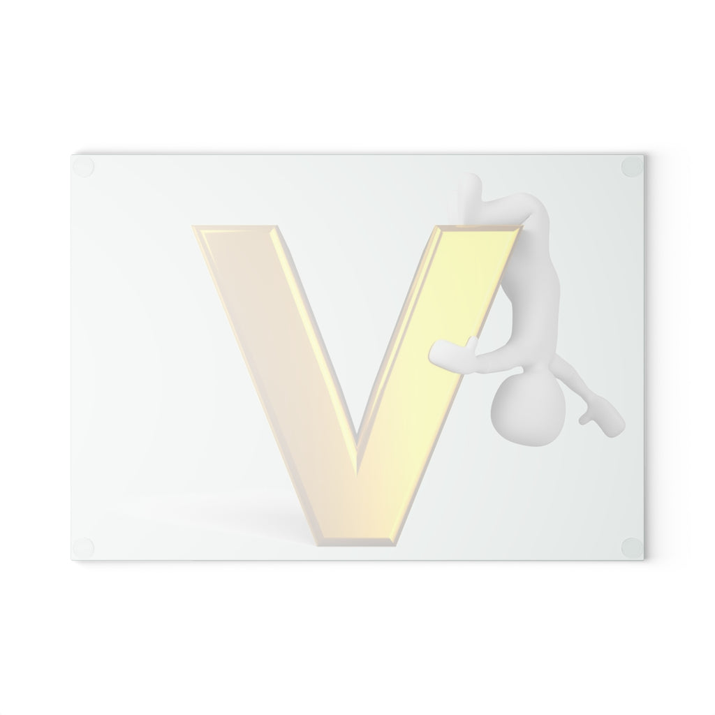 Gold Letter V with Hanging Figure Glass Cutting Board | Monogram Initial V