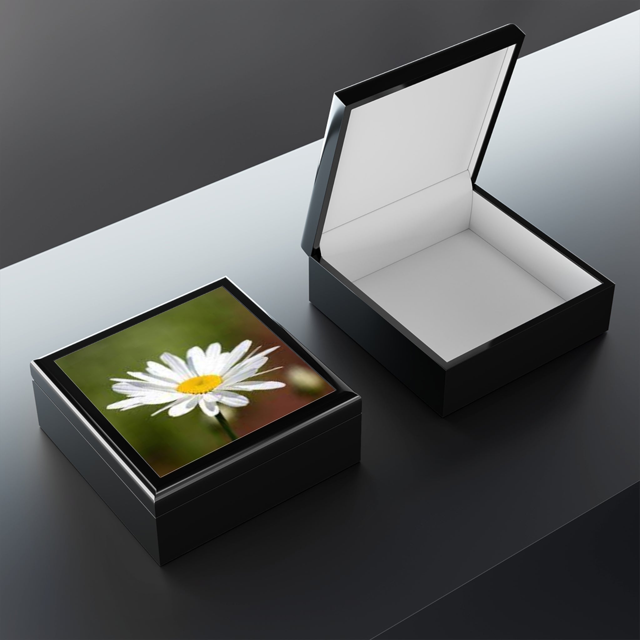 White Daisy Photo Jewelry Box | Floral Keepsake Trinket Box