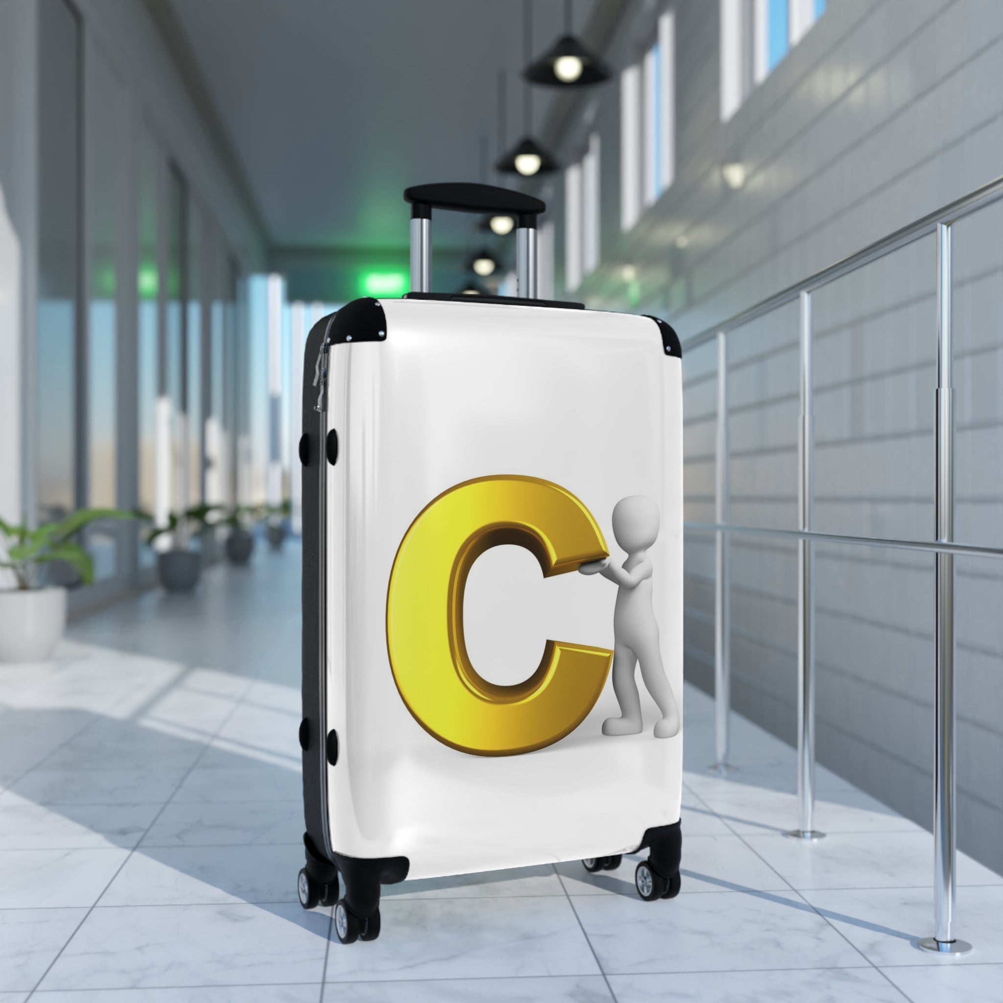 3D Person Pushing Gold Letter C Suitcase | Personalized Luggage Cover