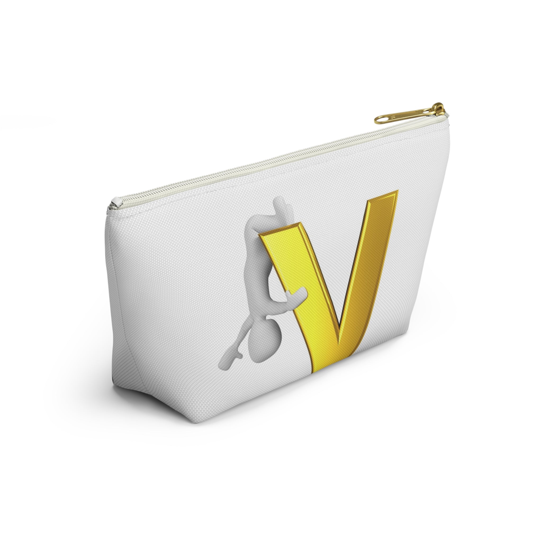 Gold Letter V with Hanging Stick Figure Accessory Pouch