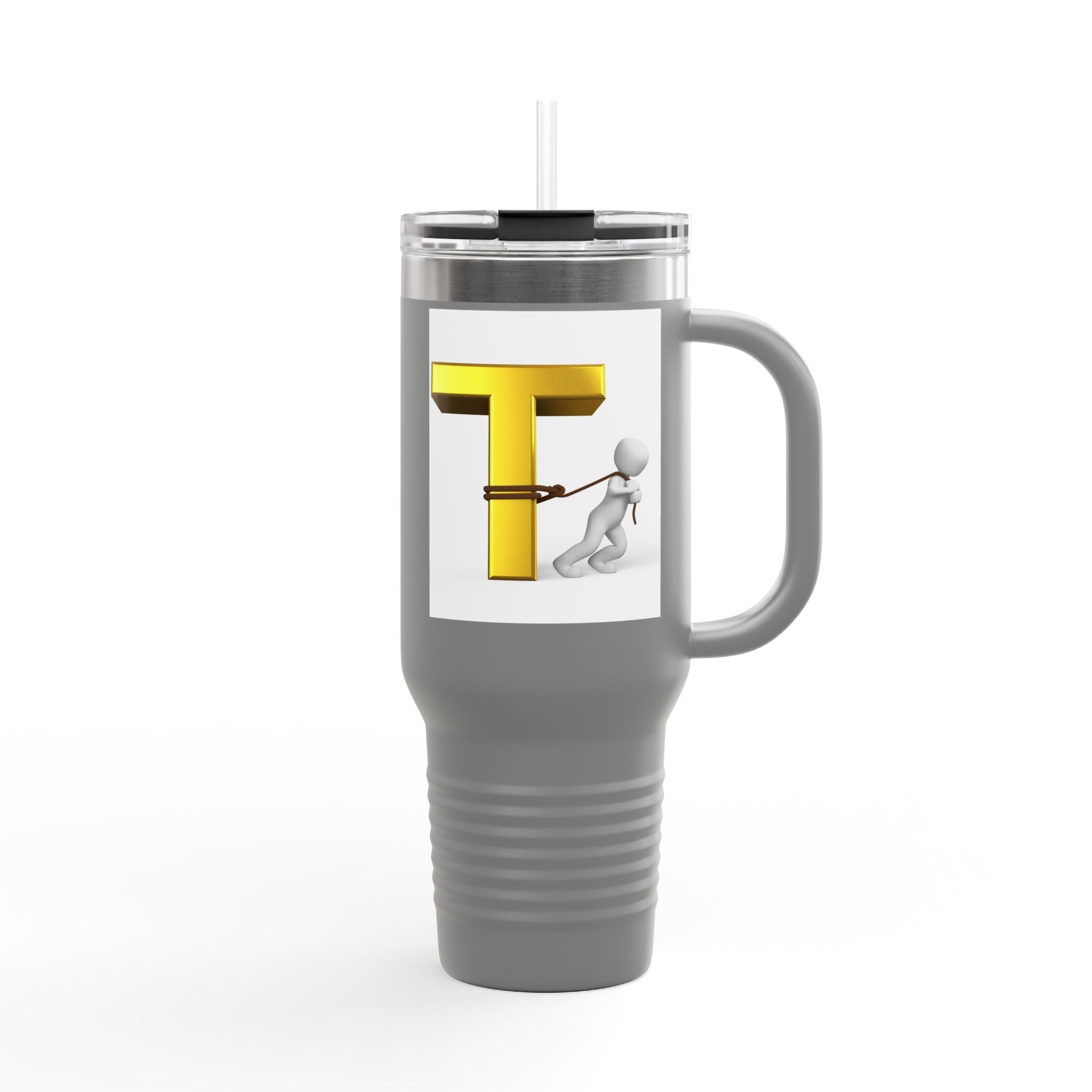 3D Stick Figure Pulling Gold Letter T Travel Mug | 40oz Insulated Tumbler