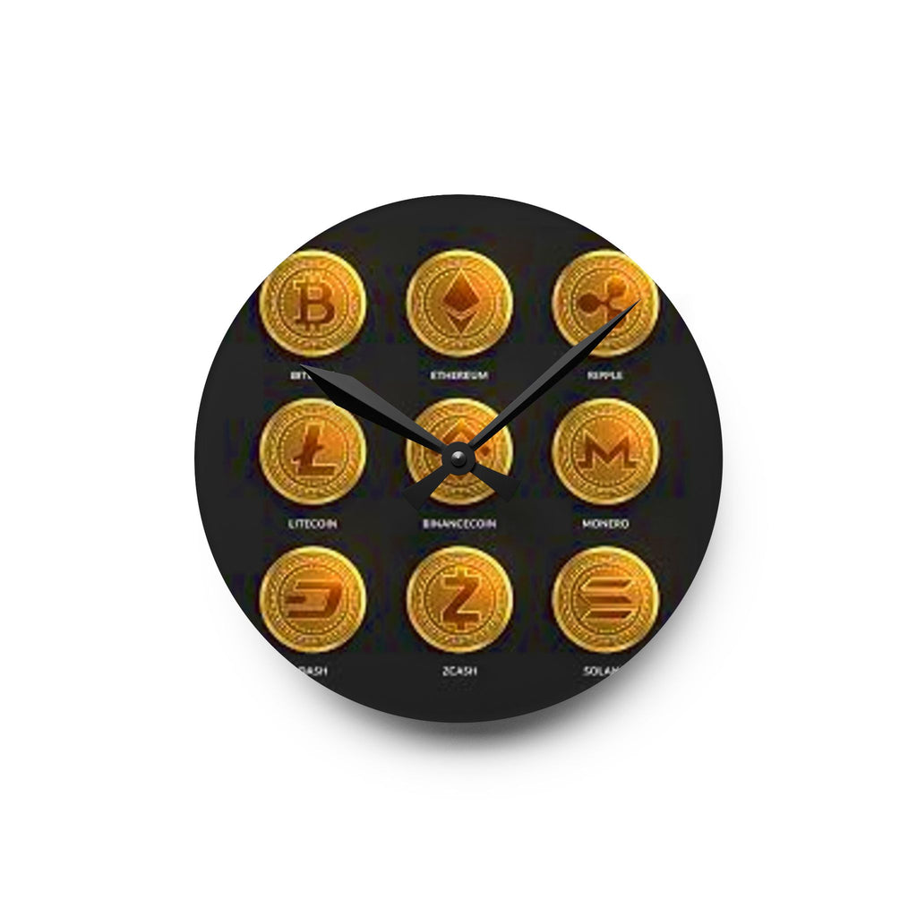 Cryptocurrency Coin Icons Acrylic Wall Clock | Bitcoin Ethereum Ripple Litecoin Monero
