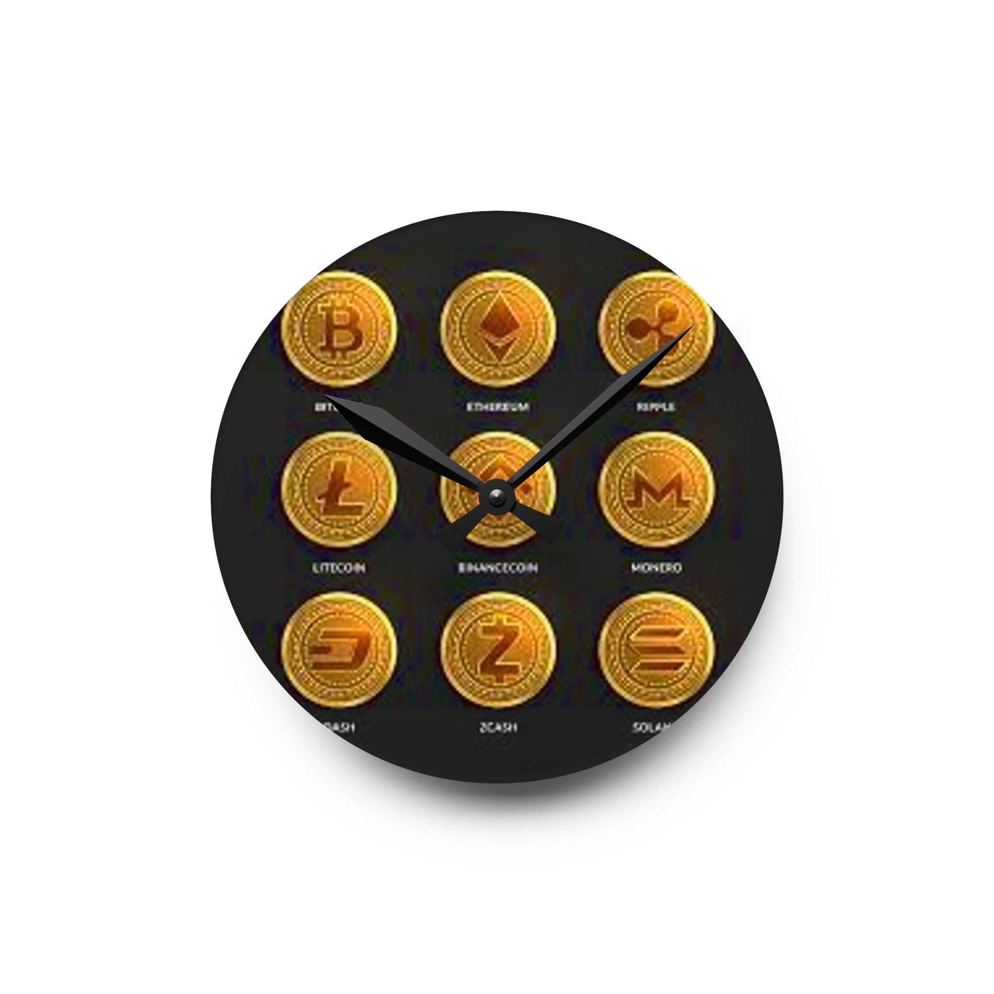 Cryptocurrency Coin Icons Acrylic Wall Clock | Bitcoin Ethereum Ripple Litecoin Monero