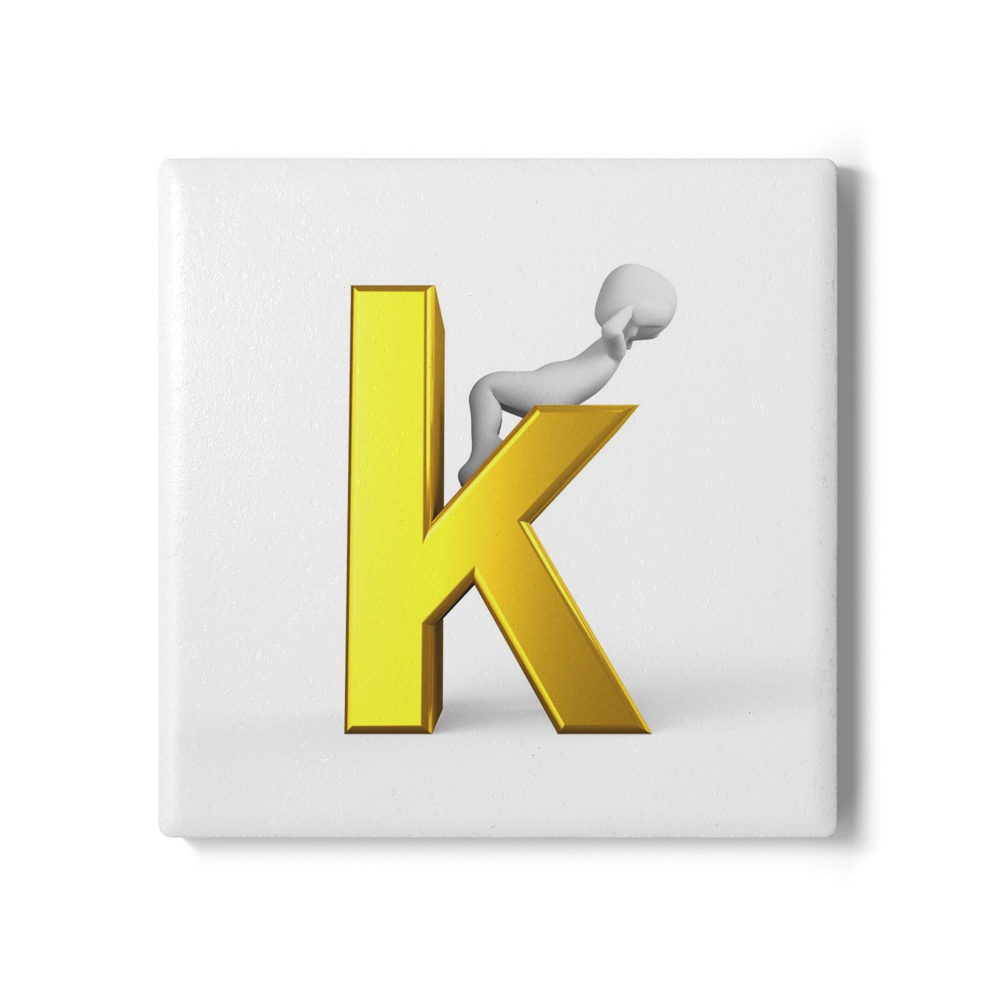 Yellow 3D Letter K with Figure Ceramic Coaster | Monogram Initial Coaster