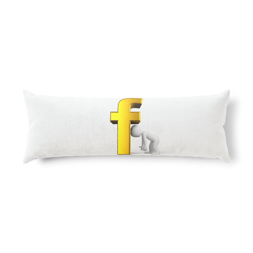 Stick Figure Peeking Around Gold Letter F Body Pillow | Novelty Typographic Pillow