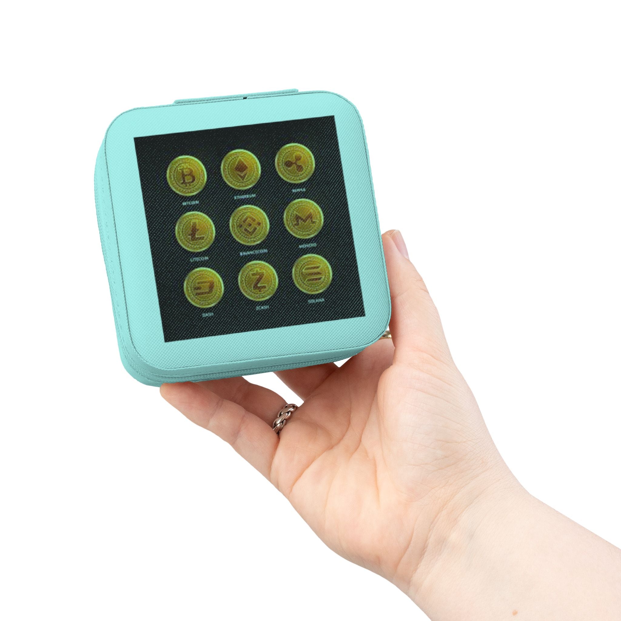 Étui de voyage compact pour bijoux Crypto Monnaie | Organisateur pour bagues boucles d'oreilles colliers