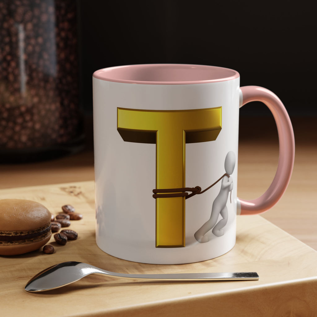 3D Stick Figure Tugging Gold Letter T Mug | Accent Coffee Mug