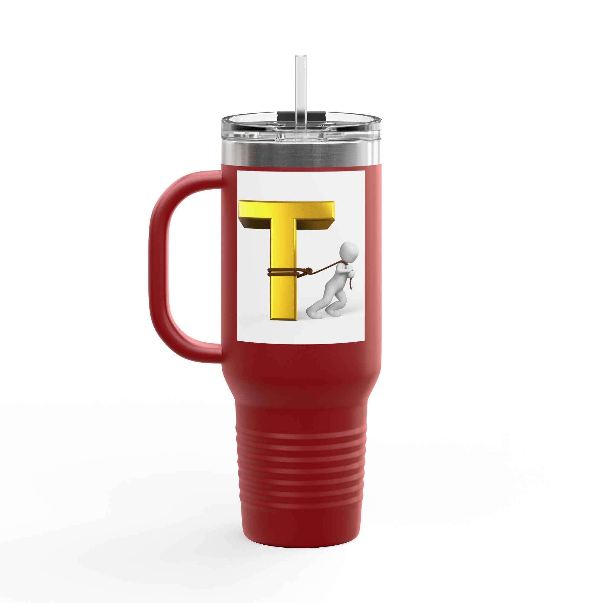 3D Stick Figure Pulling Gold Letter T Travel Mug | 40oz Insulated Tumbler
